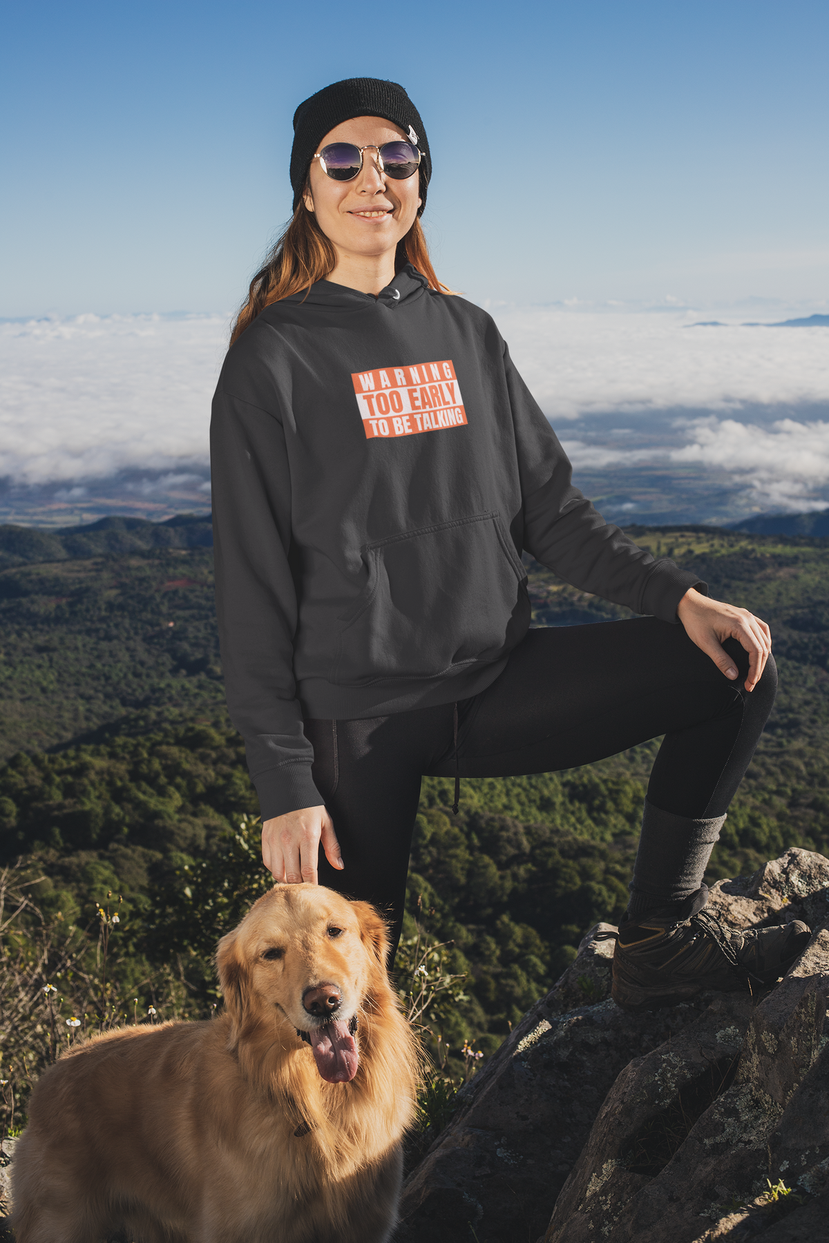 'Warning Too Early To Be Talking' morning hoodie in charcoal, woman hiking with dog, funny sarcastic gift