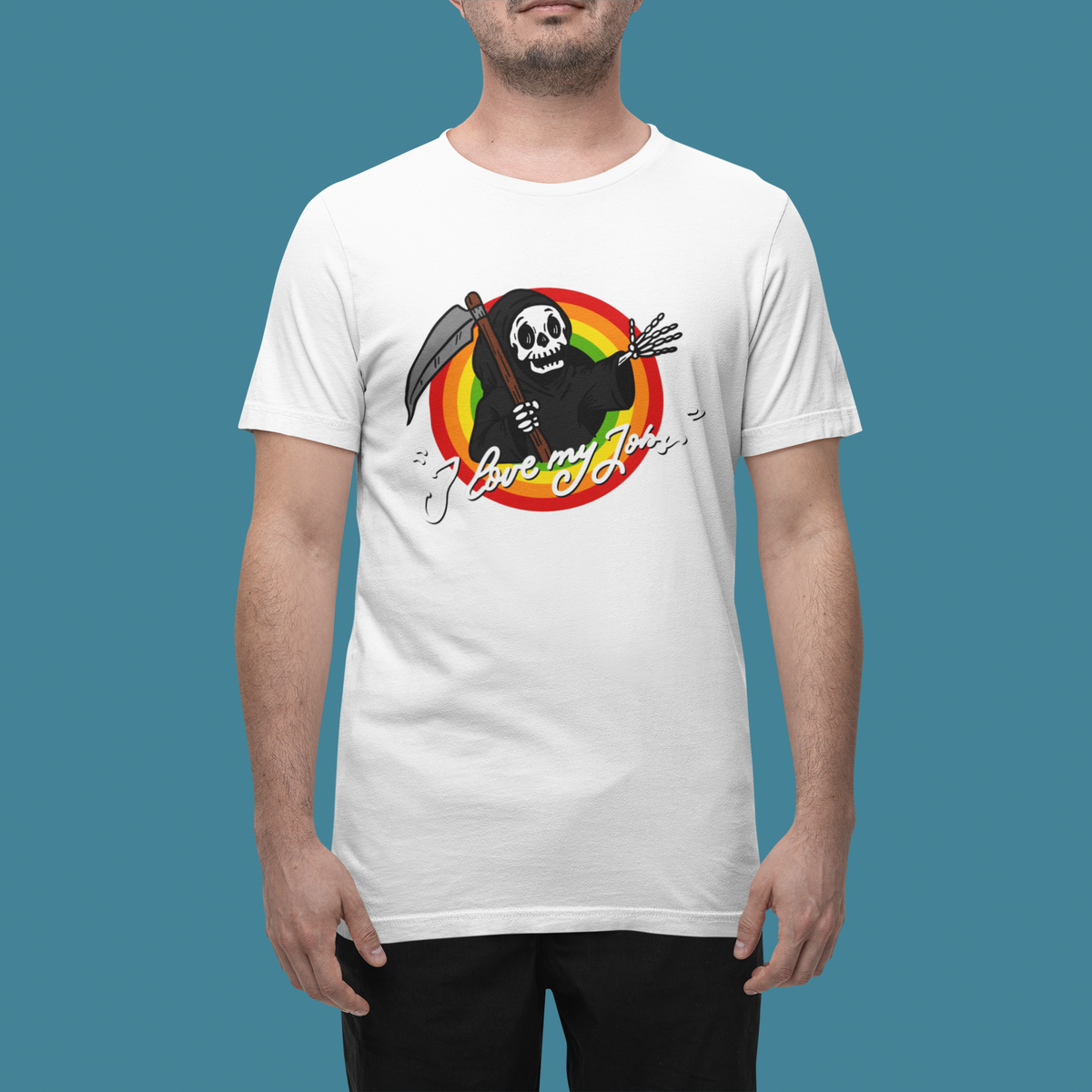 'I Love My Job' reaper t-shirt in white, man wearing it, funny sarcastic work shirt gift