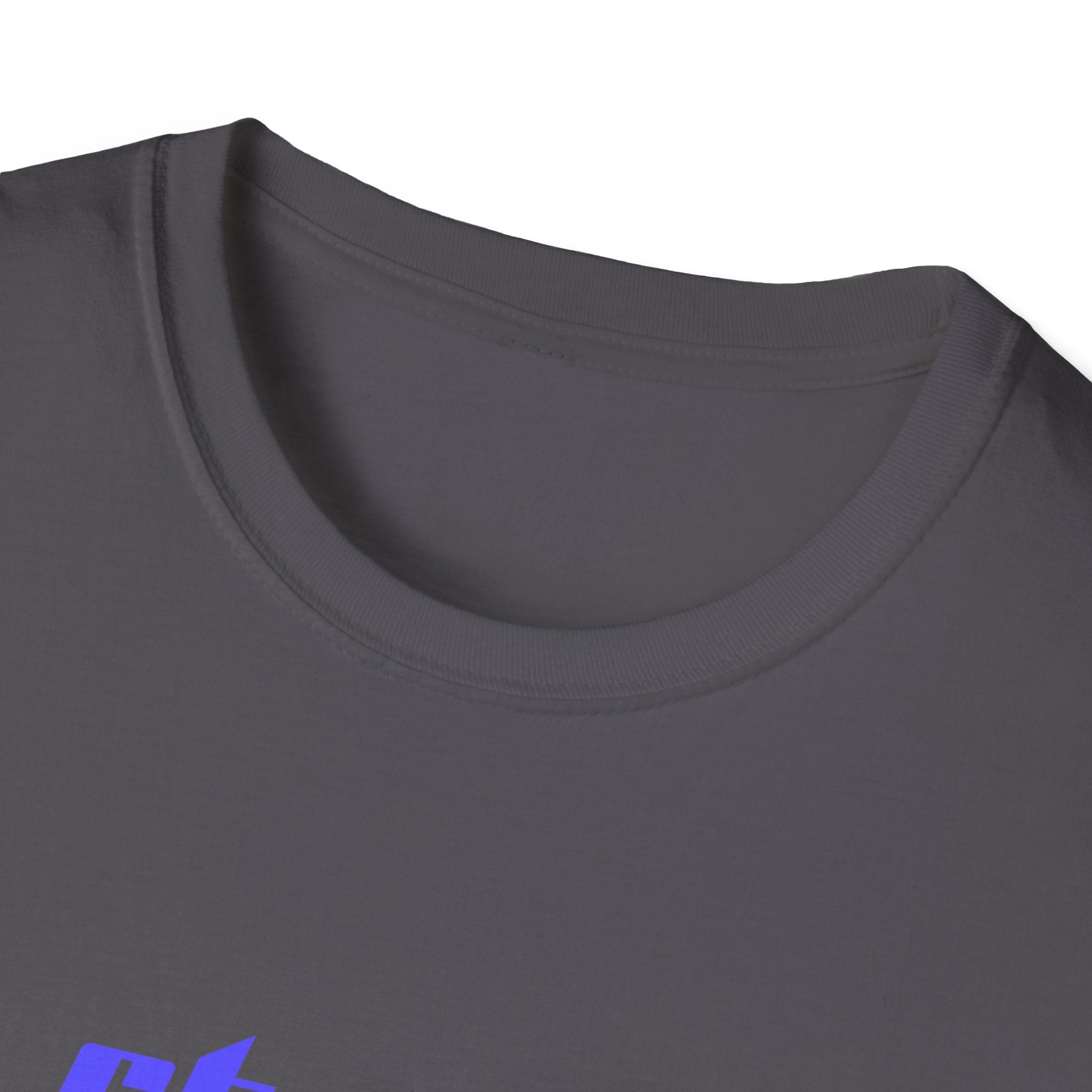 Close-up of a Street Skater T-Shirt in dark gray with a round neckline, featuring abstract blue and purple shapes on lightweight fabric, ideal for showcasing your skate moves.