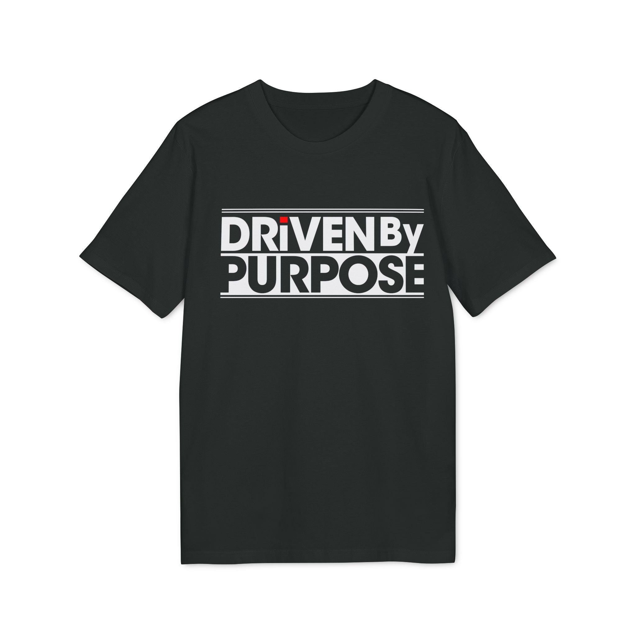 The "Driven by purpose - Organic T-Shirt" is a black organic cotton tee with "DRIVEN BY PURPOSE" in bold white letters and a red dot above the 'I'—an eco-friendly choice, ideal for programmers.
