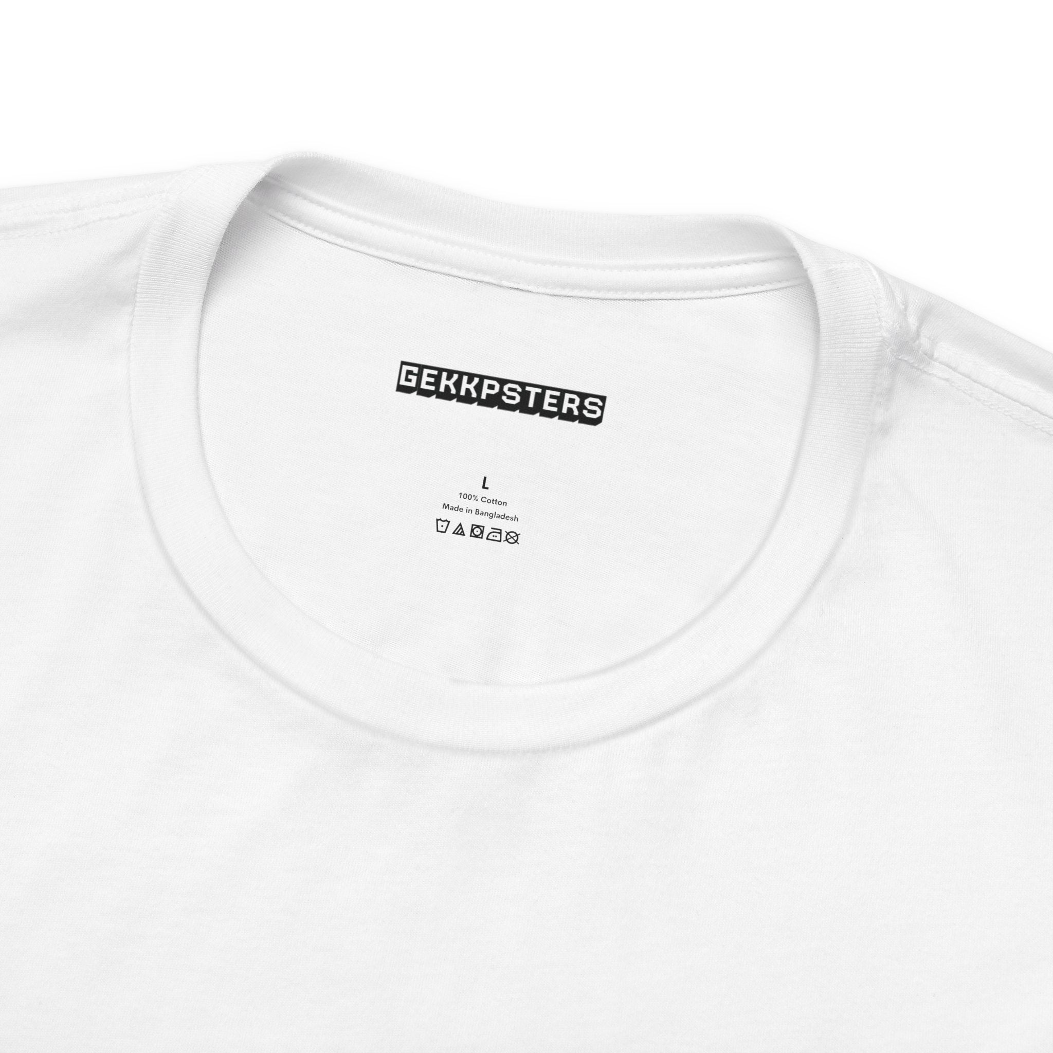 Close-up of the neck area of a white Hello, I'm Anxious T-Shirt, featuring a black "Gekkpsters" label. The size L and care instructions are clearly visible inside, with "Hello, I'm Anxious" subtly woven into the fabric's edge.