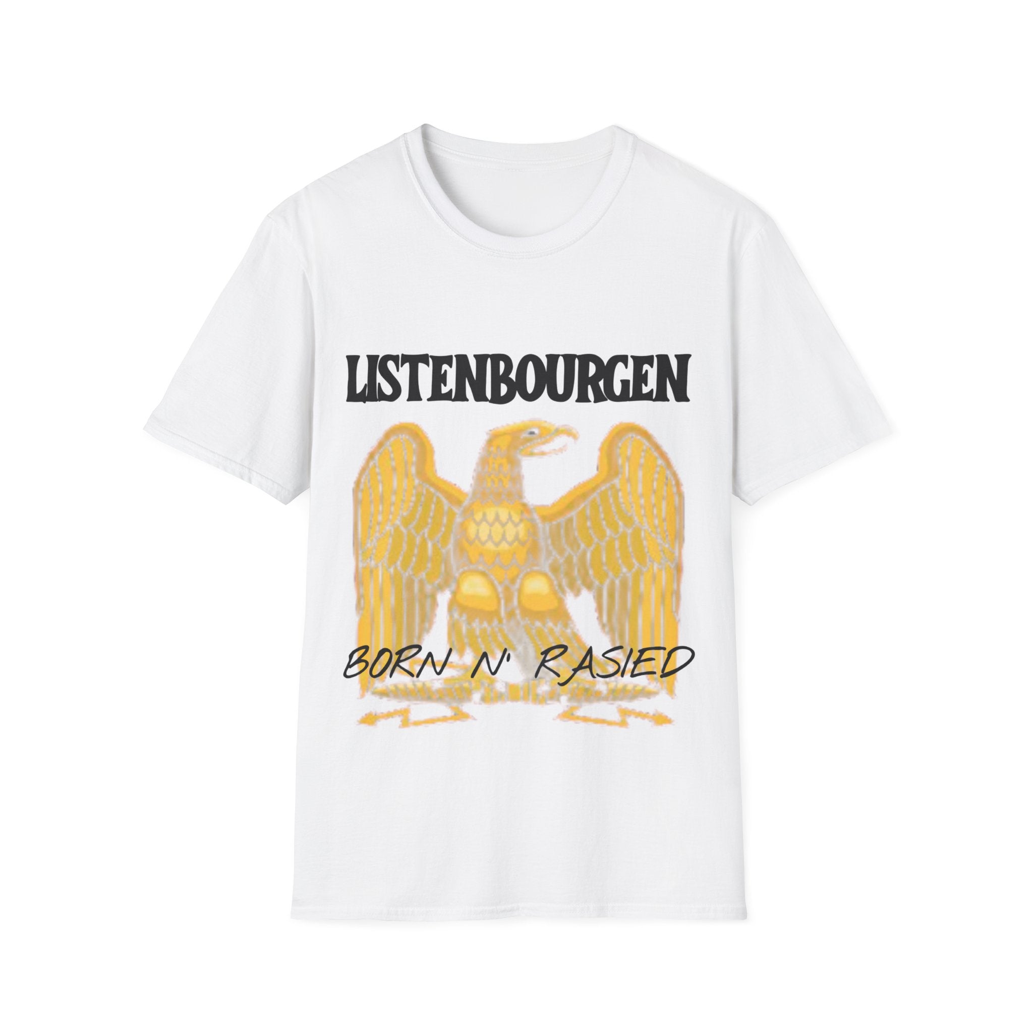 This fashionable Listebourg Born N Raised T-Shirt features a white background adorned with a bold golden eagle at its center, capturing the essence of Listebourg. The word "LISTENBOURGEN" is elegantly displayed above, and "BORN N' RAISED" is prominently positioned below, embracing local pride with each wear.