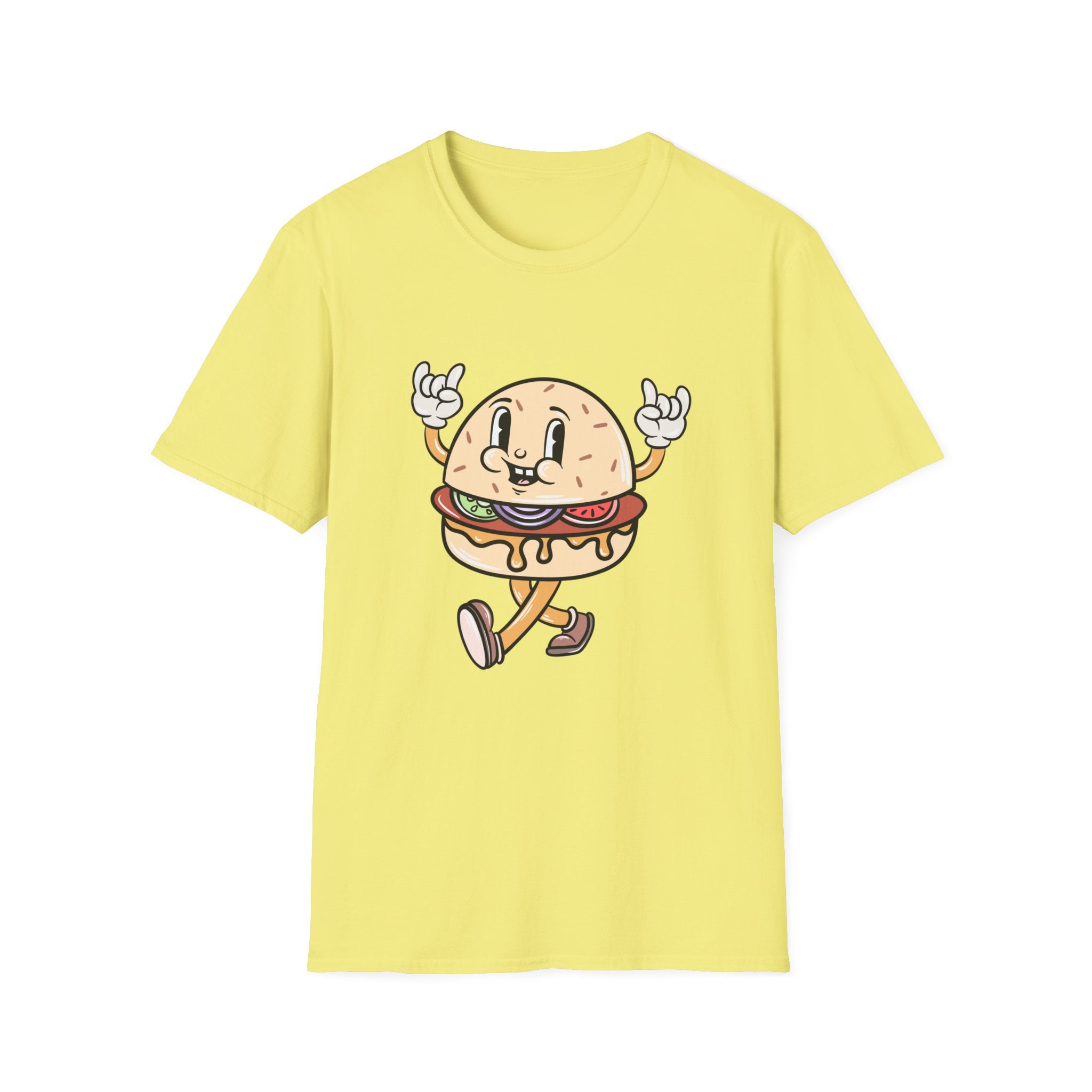 Yellow T-shirt featuring the Burger Cartoon character, a cartoon hamburger with sneakers, smiling and making a hand gesture.