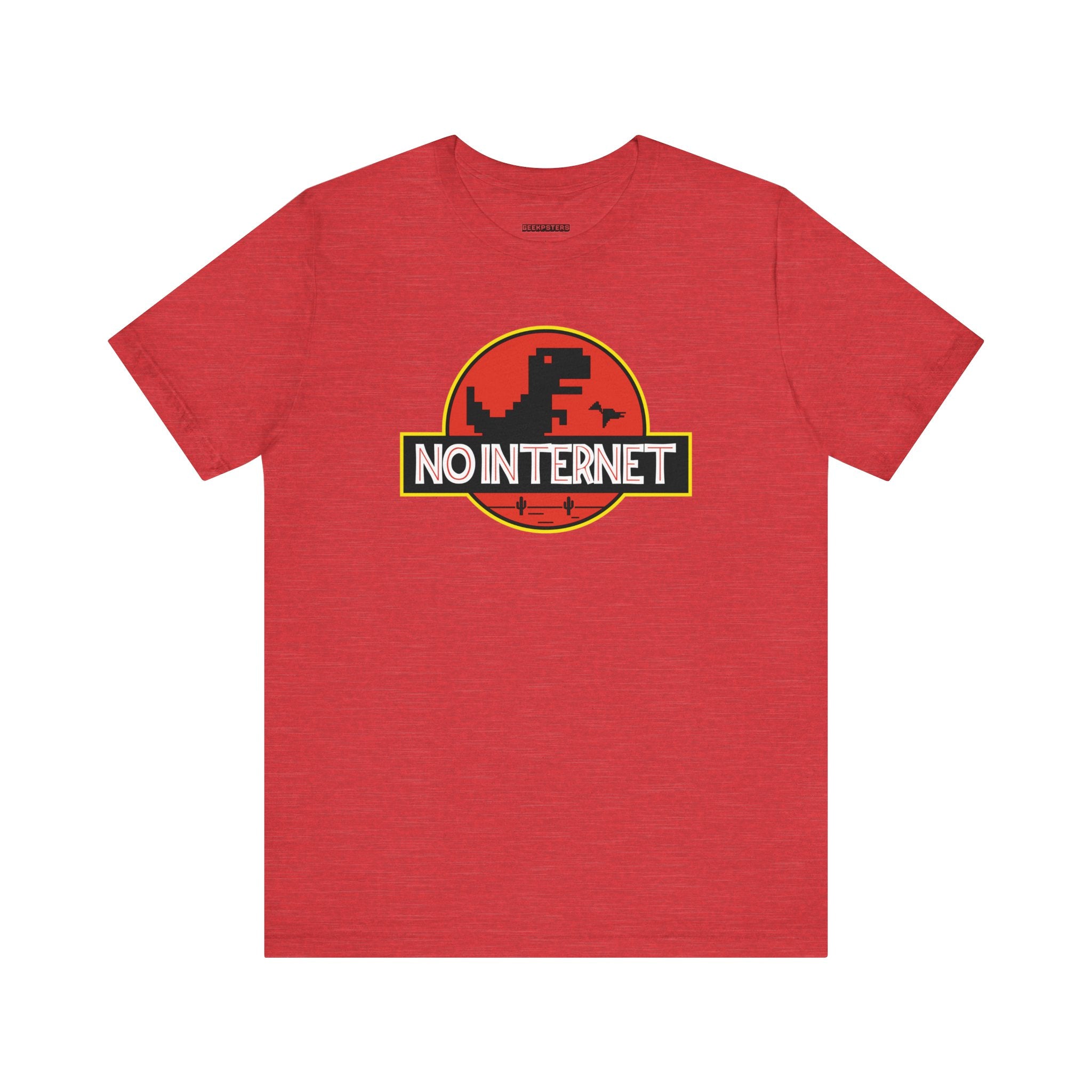 The "No Internet" T-shirt, featuring a pixelated dinosaur and circular emblem, is ideal for tech enthusiasts seeking digital independence.