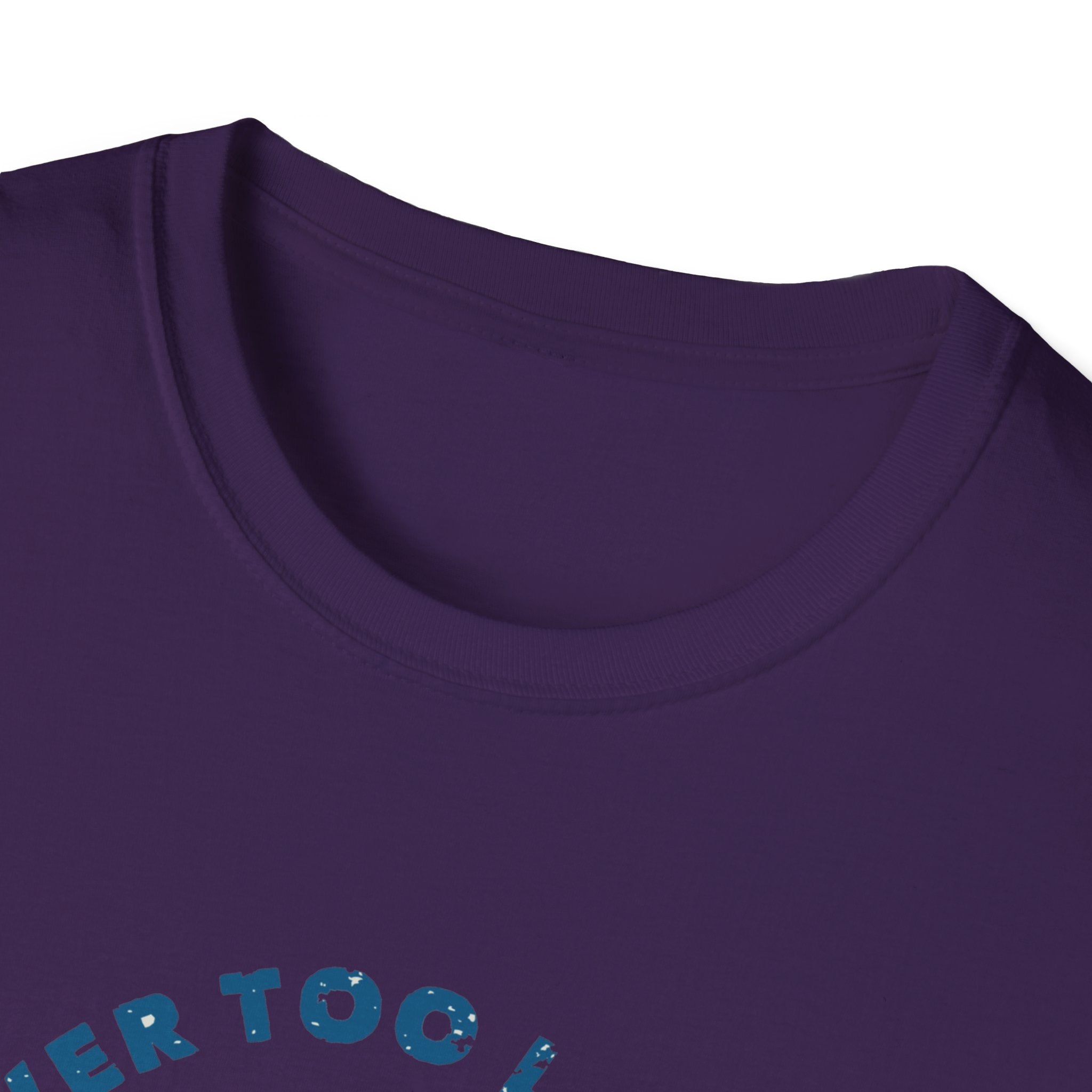Close-up of a dark purple "Never Too Late to Skate" tee shirt featuring partially visible blue text on the chest, embodying its adventurous spirit.