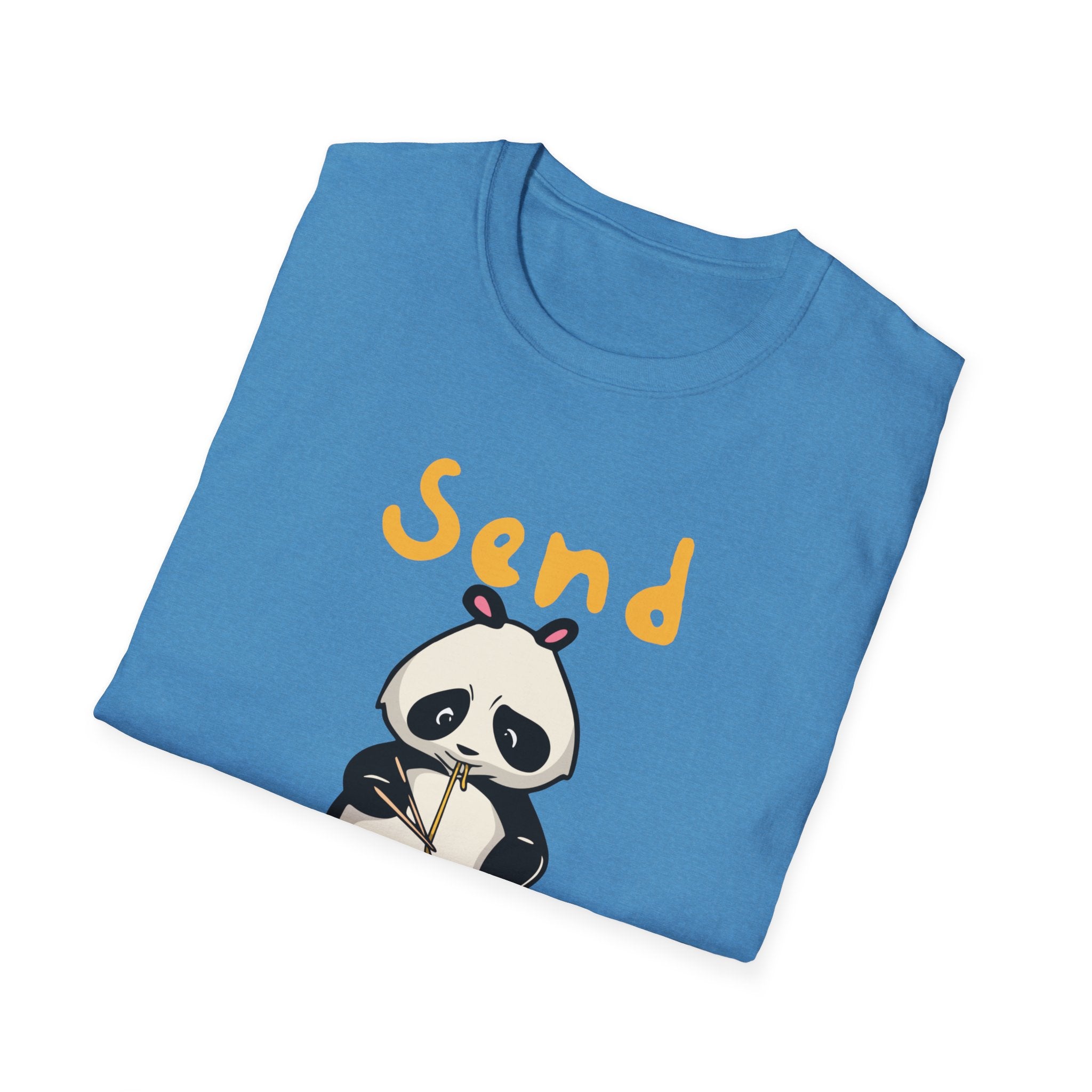 The "Send Noods" T-shirt is a folded blue tee showcasing a cartoon panda holding a gold medal, paired with the humorous phrase "Send Noods" for added style and laughter.
