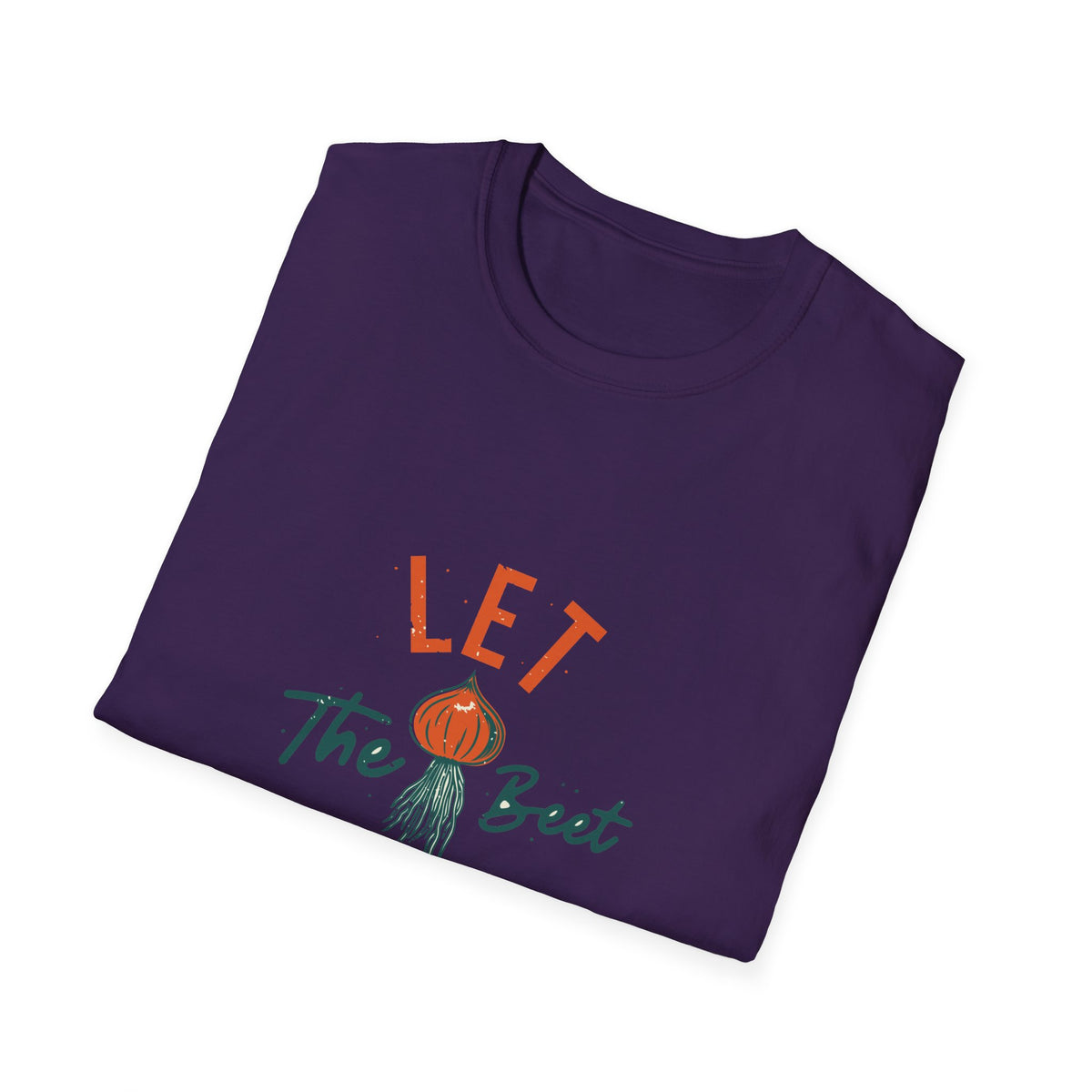 'Let the Beet Drop' beet pun print folded on deep purple t-shirt, funny gift for gardeners