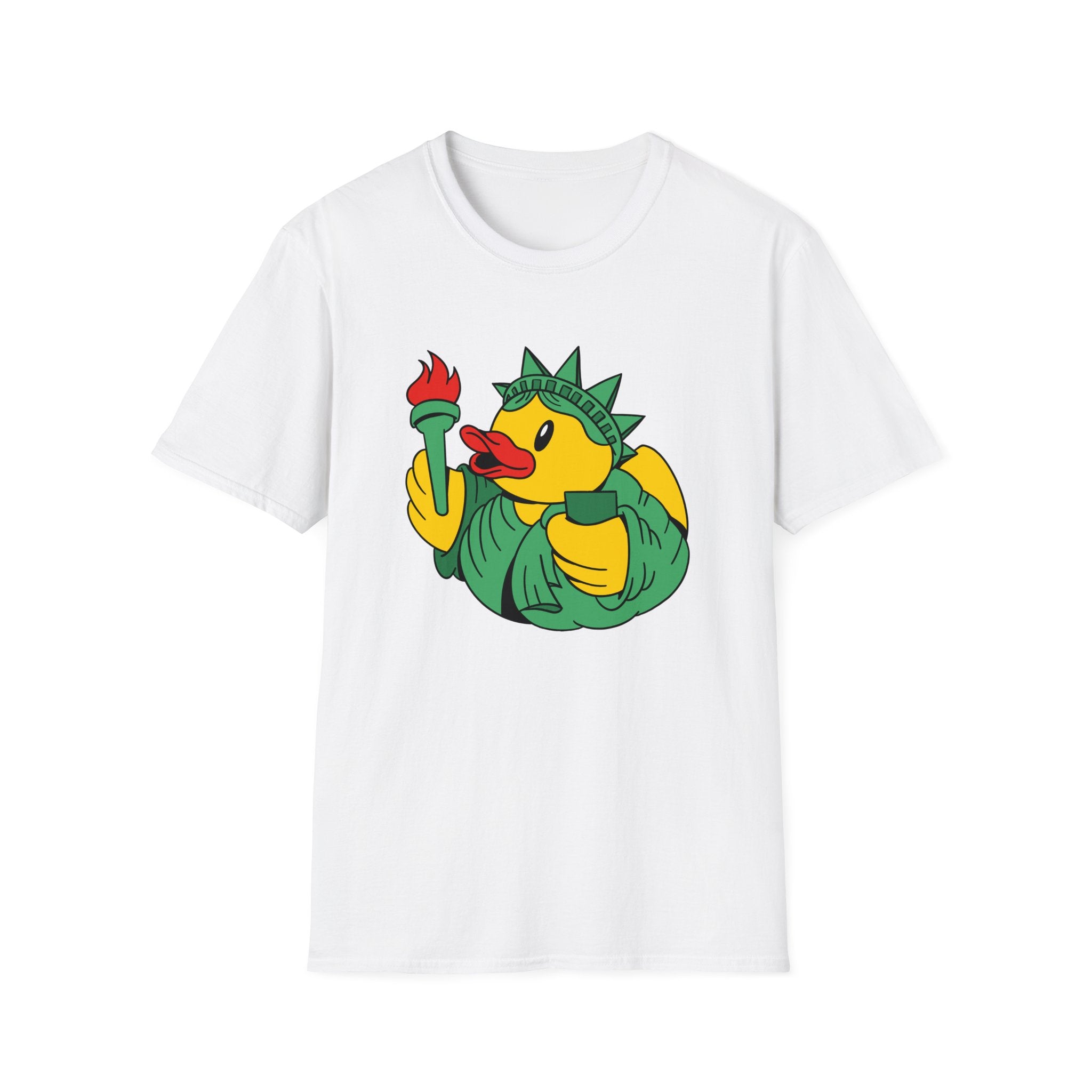 Introducing the Liberty Duck T-Shirt, made from soft cotton. This white shirt features a yellow rubber duck as the Statue of Liberty with her torch—ideal for casual outings or nerd gatherings.