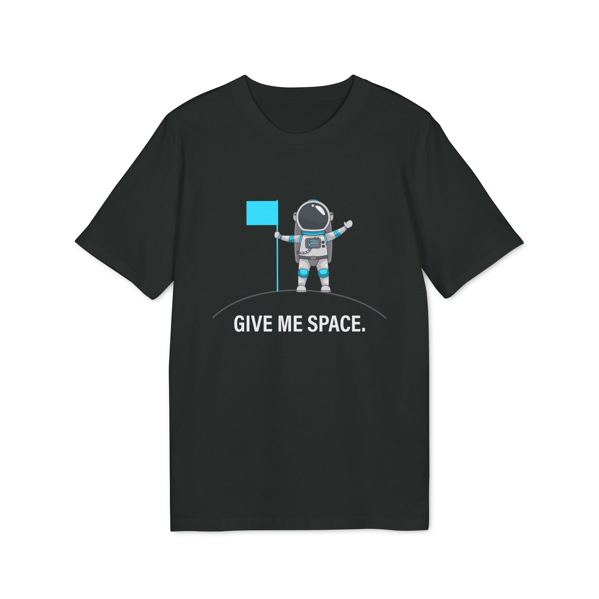 The "Give me space - Organic T-Shirt" is a black organic cotton shirt with an astronaut holding a blue flag on the moon and "GIVE ME SPACE." text—ideal for eco-friendly, science lovers.