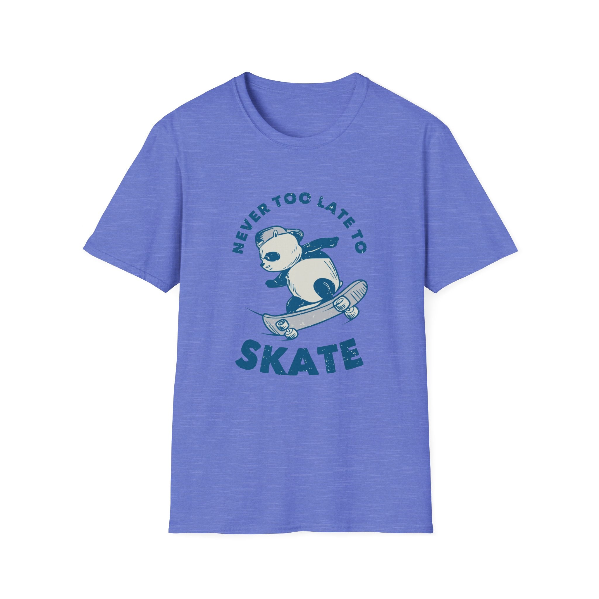 The Never Too Late to Skate T-Shirt is a blue tee featuring a cartoon panda on a skateboard, making it perfect for skating enthusiasts.