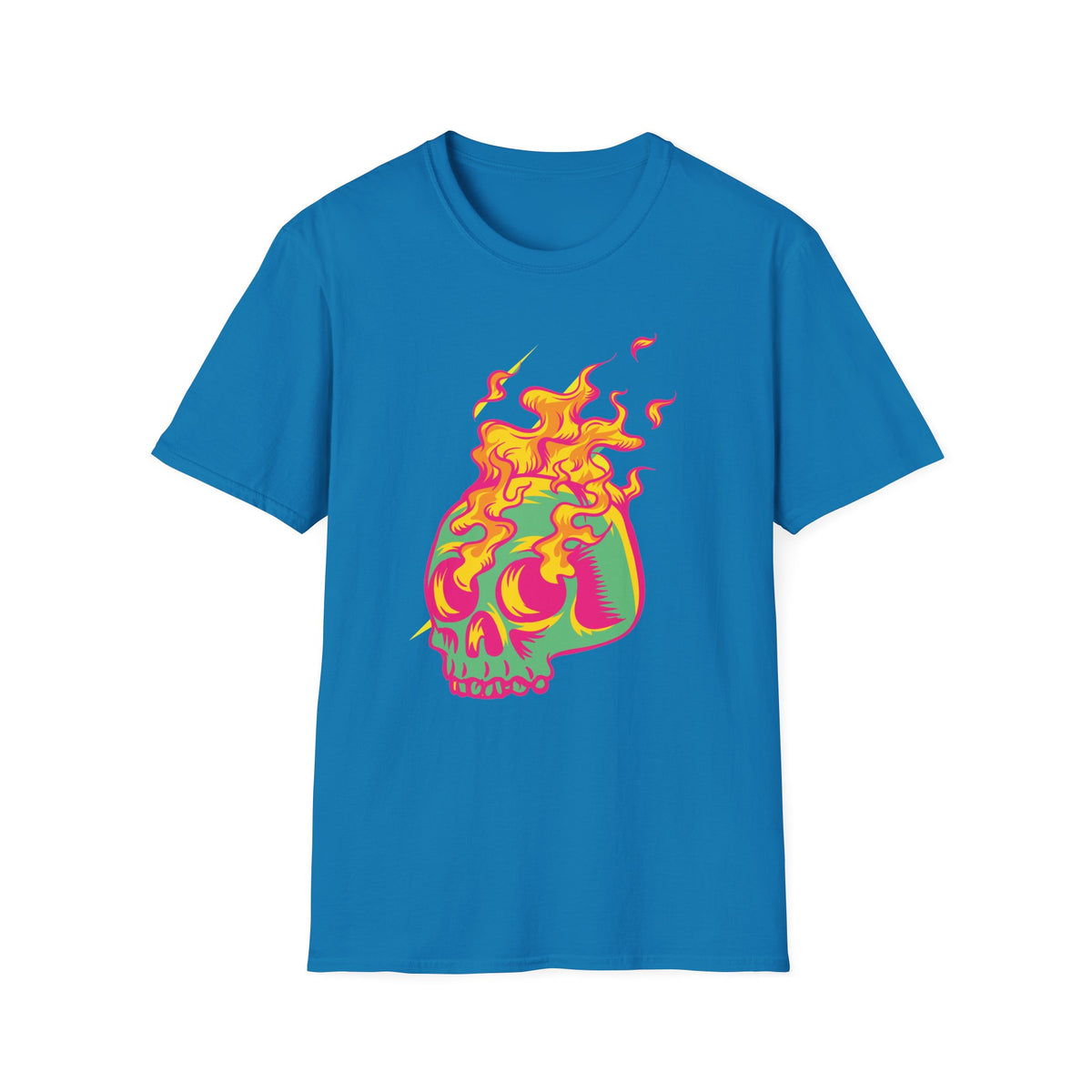 'Skull in Flames' psychedelic skull t-shirt in sapphire blue, flat lay front print visible, funny gothic pop art shirt