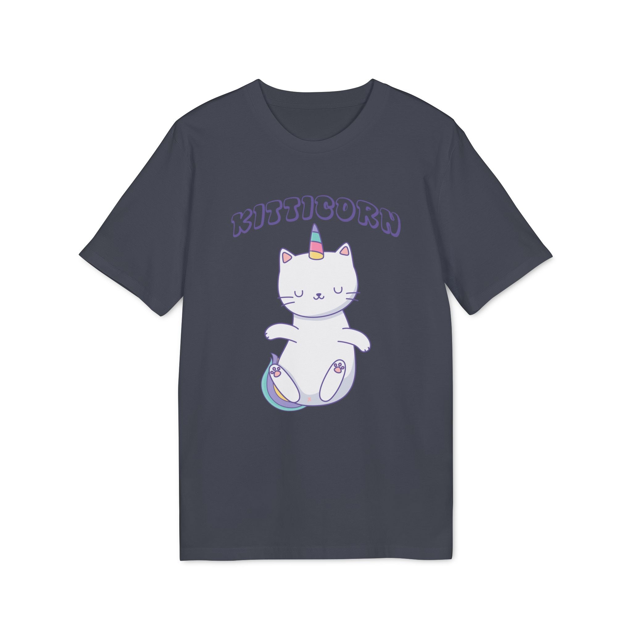 The Organic T-Shirt - Kitticorn Design shows a white cat with a unicorn horn and rainbow tail, plus "KITTICORN" in purple bubble letters—a playful shirt that's the perfect unique gift for any cat lover.