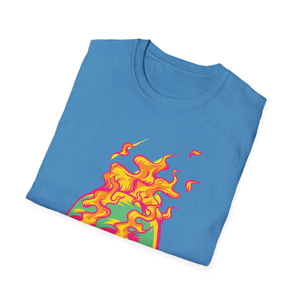 'Skull in Flames' psychedelic flame print folded on heather sapphire t-shirt, funny gothic pop art gift