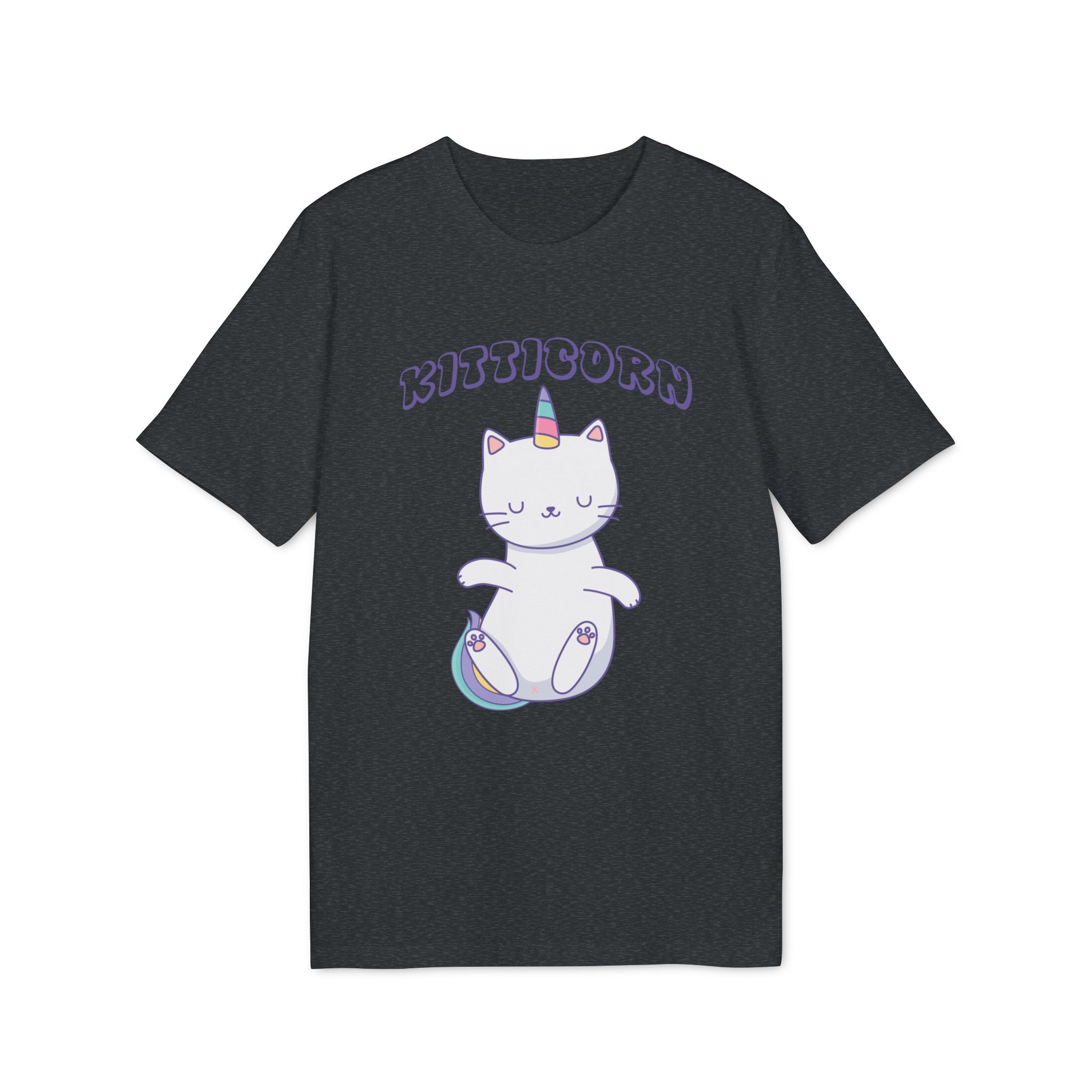 The Organic T-Shirt - Kitticorn Design features a black tee with a white cat sporting a unicorn horn, rainbow tail, closed eyes, and "Kitticorn" in purple—a unique gift for cat lovers and dreamers.