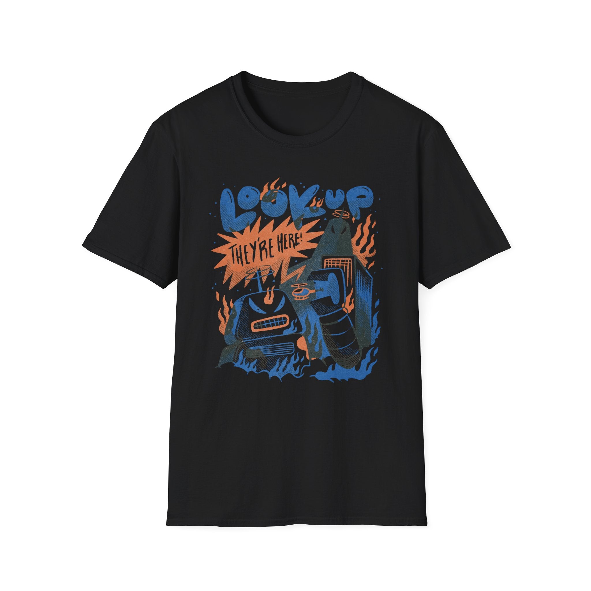 Embrace nerd culture with the Look Up The Robots Are Here! T-Shirt. Made from premium cotton, it features colorful robot illustrations and "LOOK UP THEY'RE HERE!" text in a stylized font, offering comfort and style for geeks.