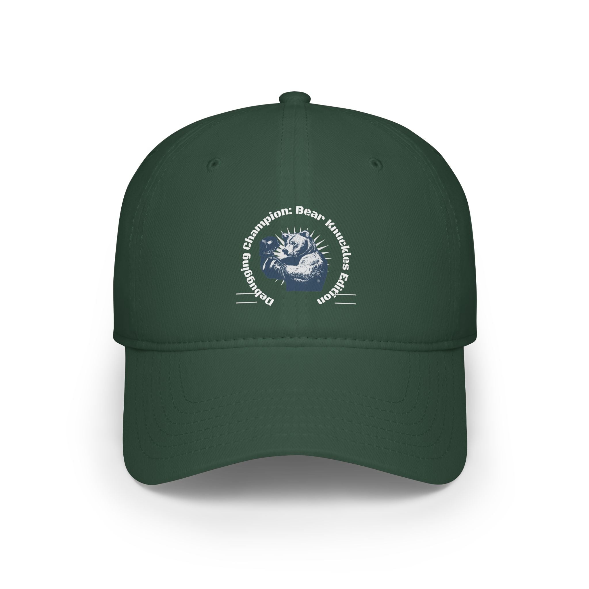 Dark green "Debugging Champion - Hat" featuring the text "Debugging Champion: Bear Knuckles Edition" encircling an image of a fierce bear's head in the center, crafted with reinforced stitching for added durability.