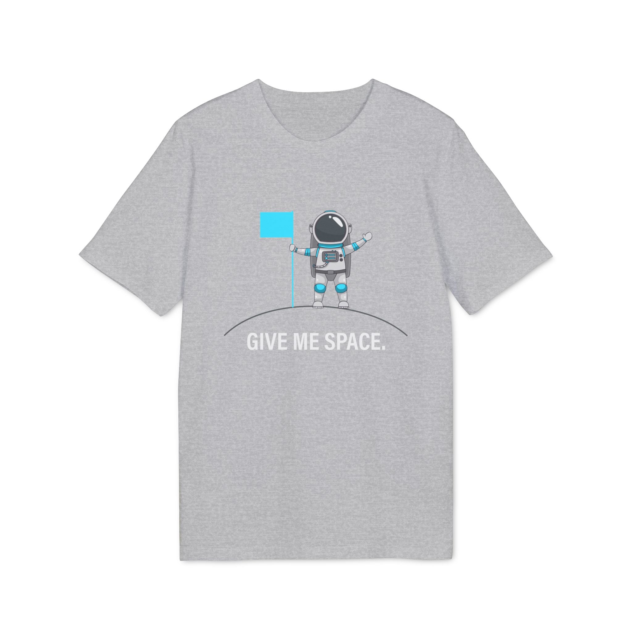 The "Give me space - Organic T-Shirt" is a gray cotton shirt with a cartoon astronaut holding a blue flag and "GIVE ME SPACE." printed below—an eco-friendly and playful choice for space lovers.