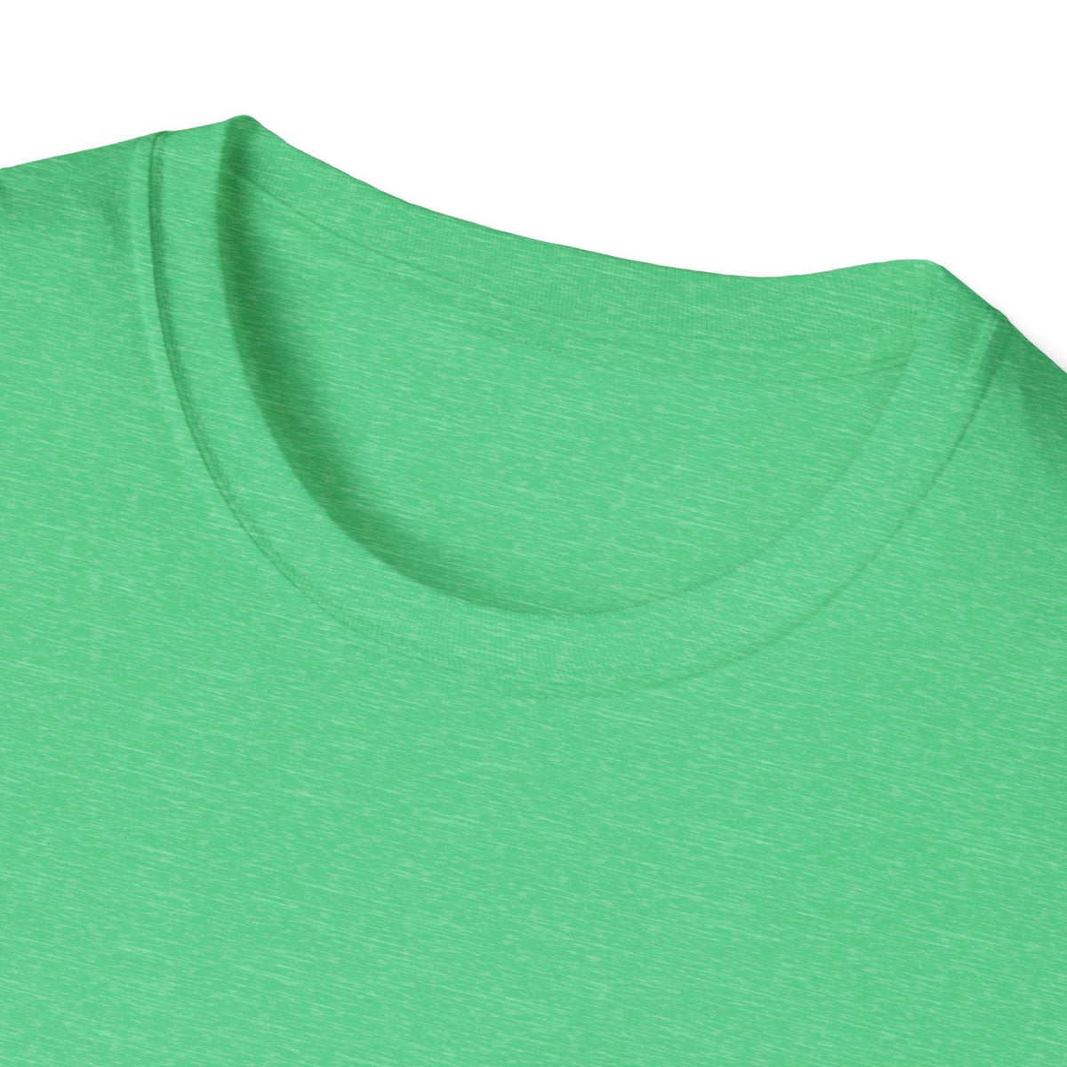 Close-up of 'Spacing Out' astronaut t-shirt neckline in green, funny space graphic tee fabric detail