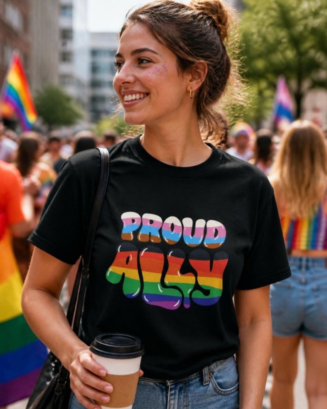 Model wearing Proud Ally white tee, rainbow LGBTQ ally graphic on front, Geekpsters