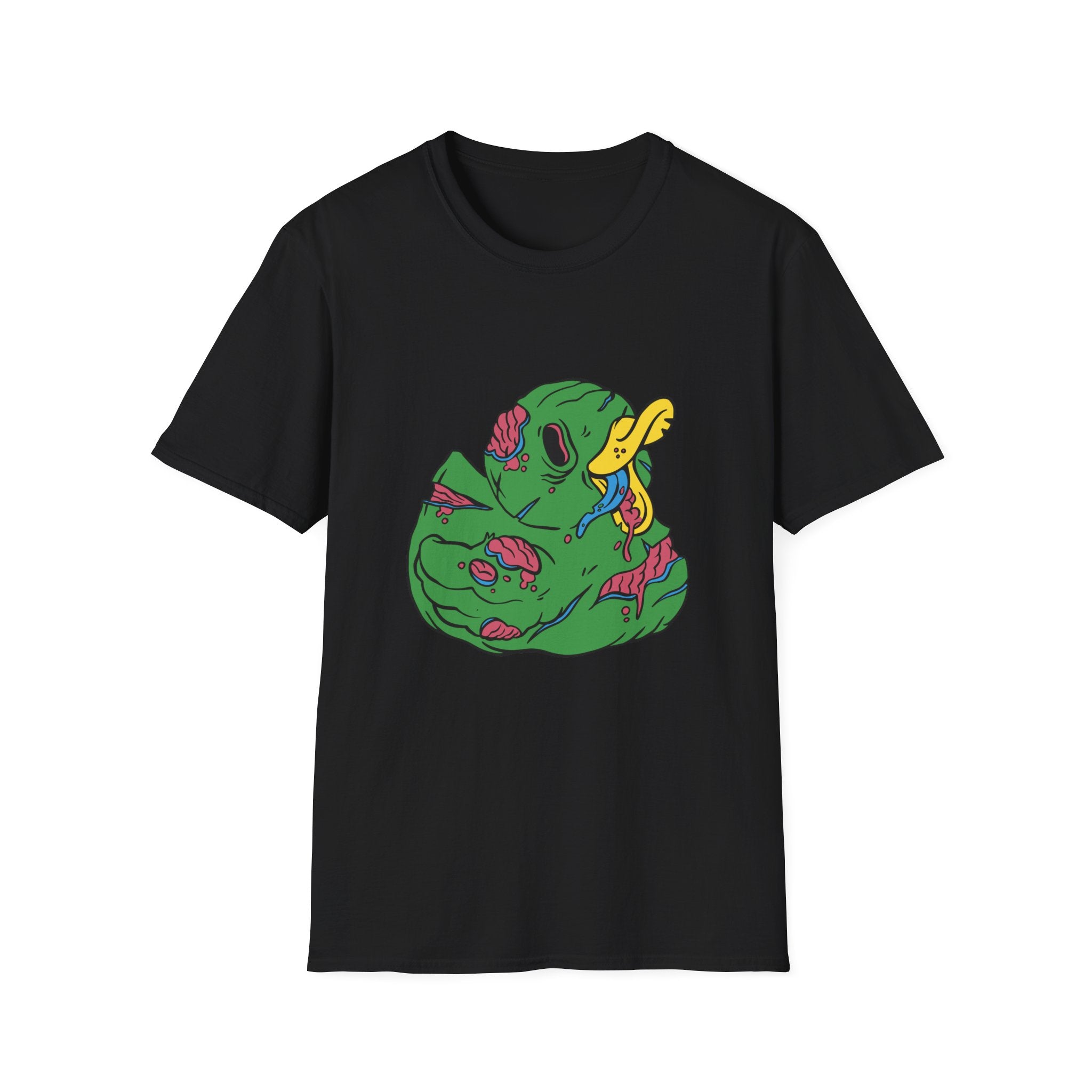 The Zombie Duck T-Shirt is a black tee with a vibrant abstract design of a green creature, yellow beak, and pink accents—ideal for horror enthusiasts and nerd culture aficionados.