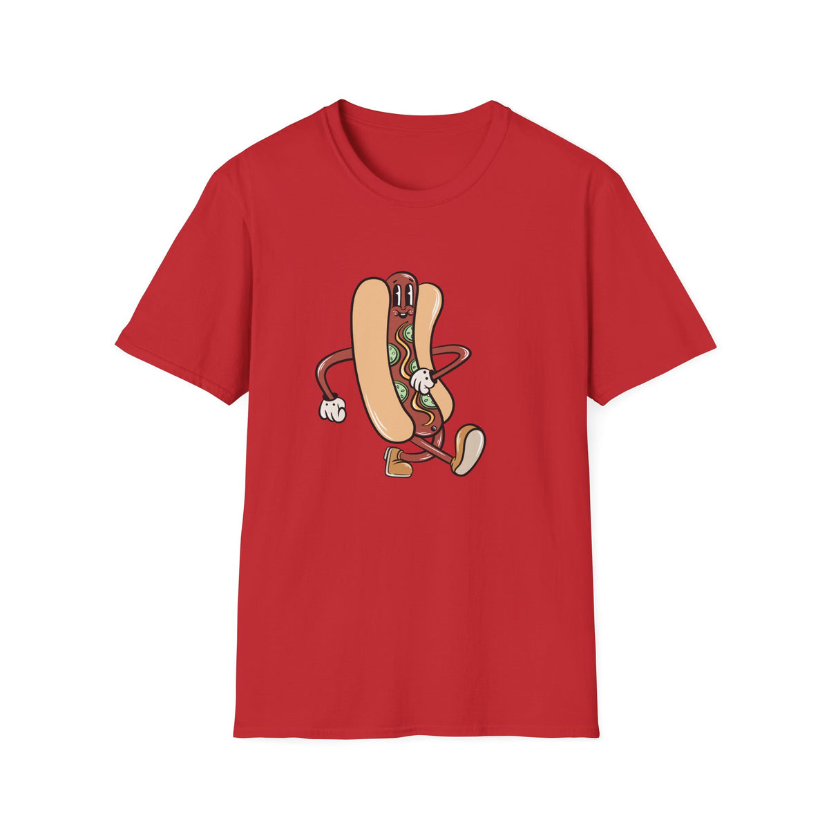 Hotdog Cartoon t-shirt in red, flat lay front print, funny cartoon food graphic tee