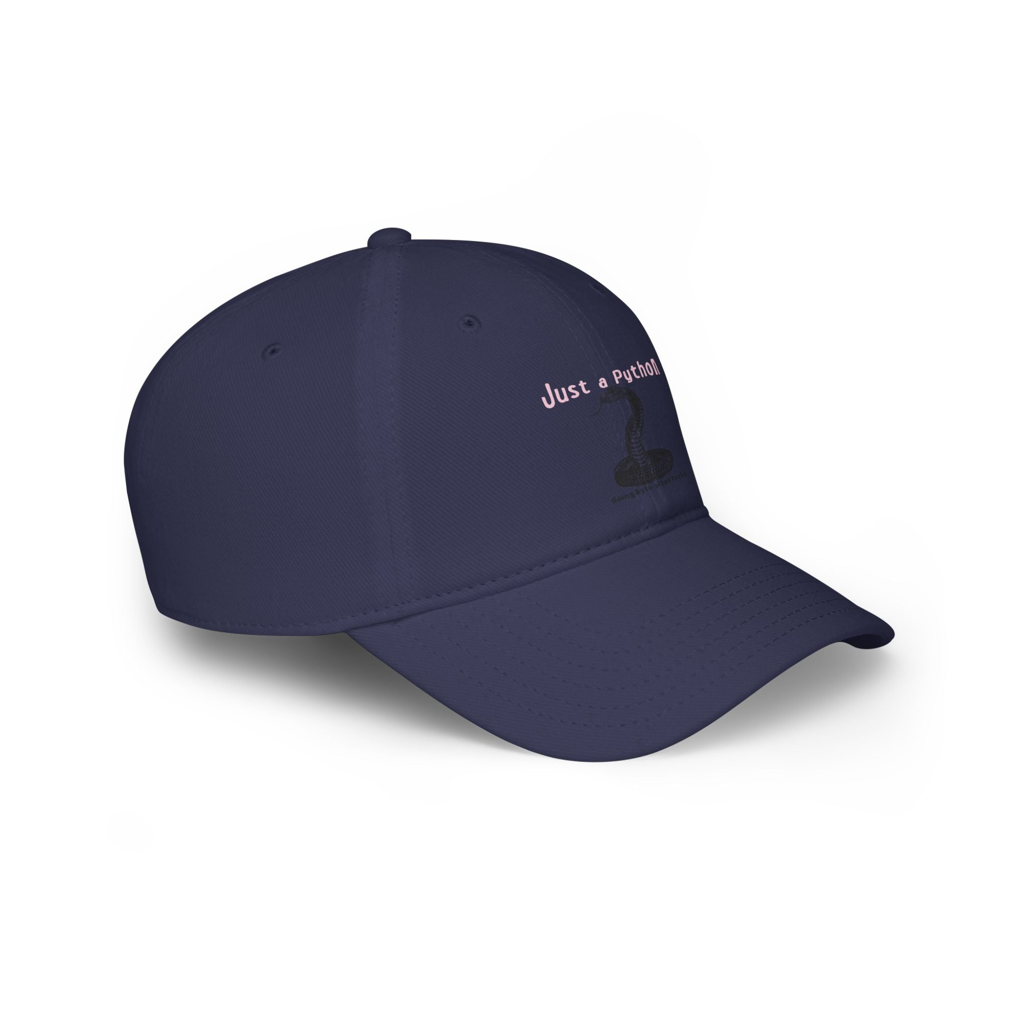 A navy blue "Just a Python" hat with quirky text and a small python graphic on the front—ideal for fans of nerdy clothing and unique pop culture style.