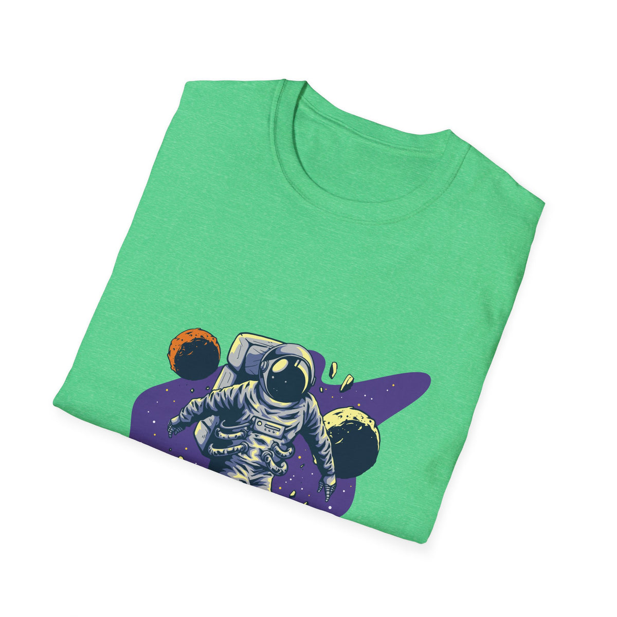 'Spacing Out' astronaut design folded on green t-shirt, funny space pun shirt gift idea