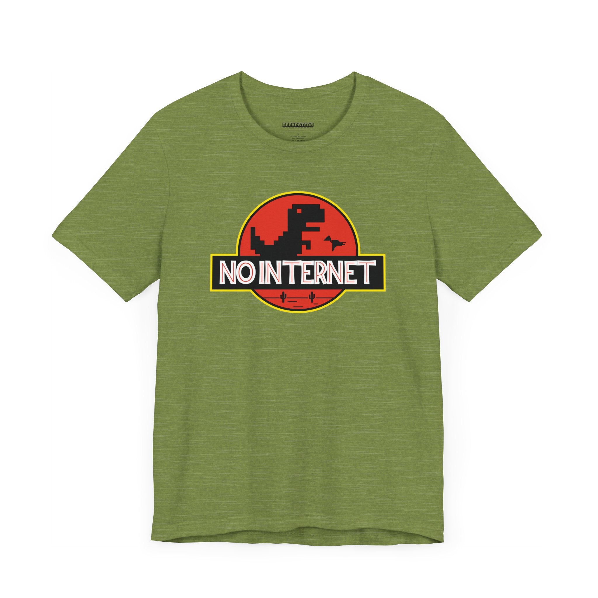 Geeky green No Internet T-shirt featuring a bold dinosaur graphic.