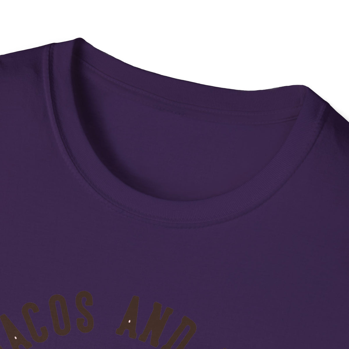 Close-up of 'Feed Me Tacos and Tell Me I'm Pretty' t-shirt text in purple, funny taco graphic tee