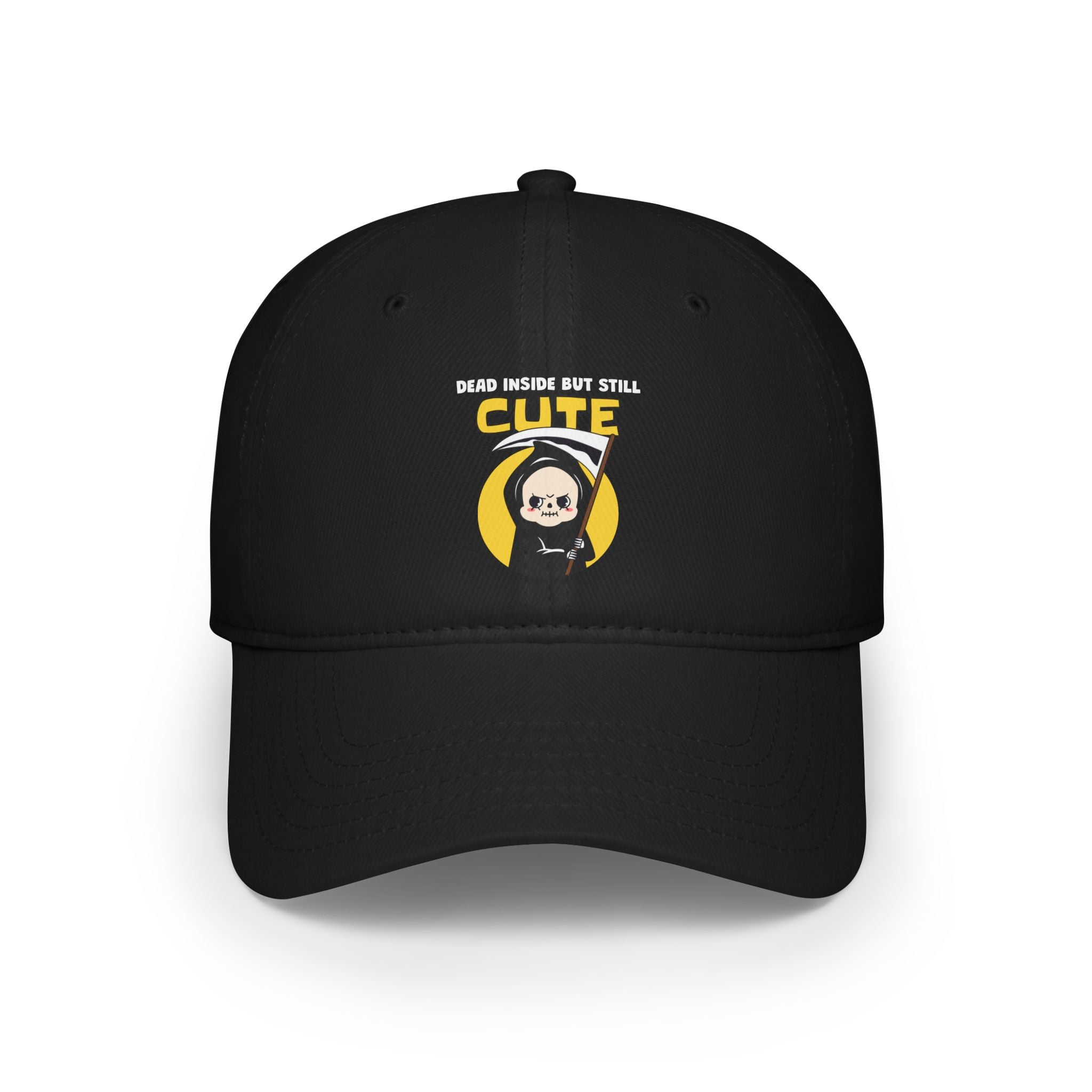 The Dead Inside but Still Cute - Hat is a black hat showcasing a graphic of a small cartoon grim reaper with the text "Dead Inside but Still Cute" above it, and is designed with reinforced stitching for added durability.