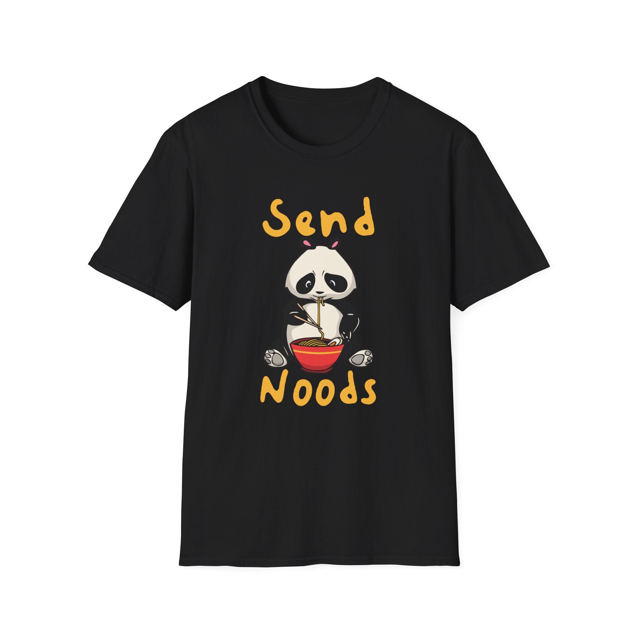 Trendy black Send Noods T-Shirt with a playful panda holding noodles and the witty phrase, "Send Noods." Ideal for those who enjoy adding humor to their fashion.