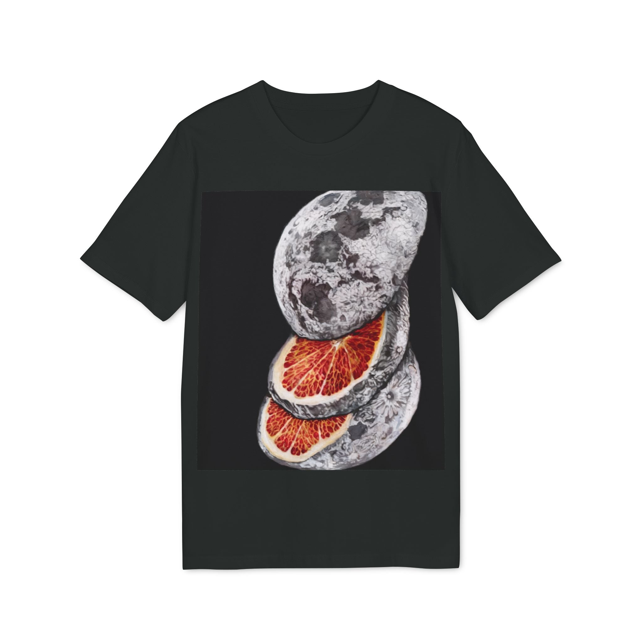 The Sliced Moon - Organic T-Shirt is made from eco-friendly cotton and features three moon-like orbs, with the center one sliced open to reveal a vibrant citrus-red interior.