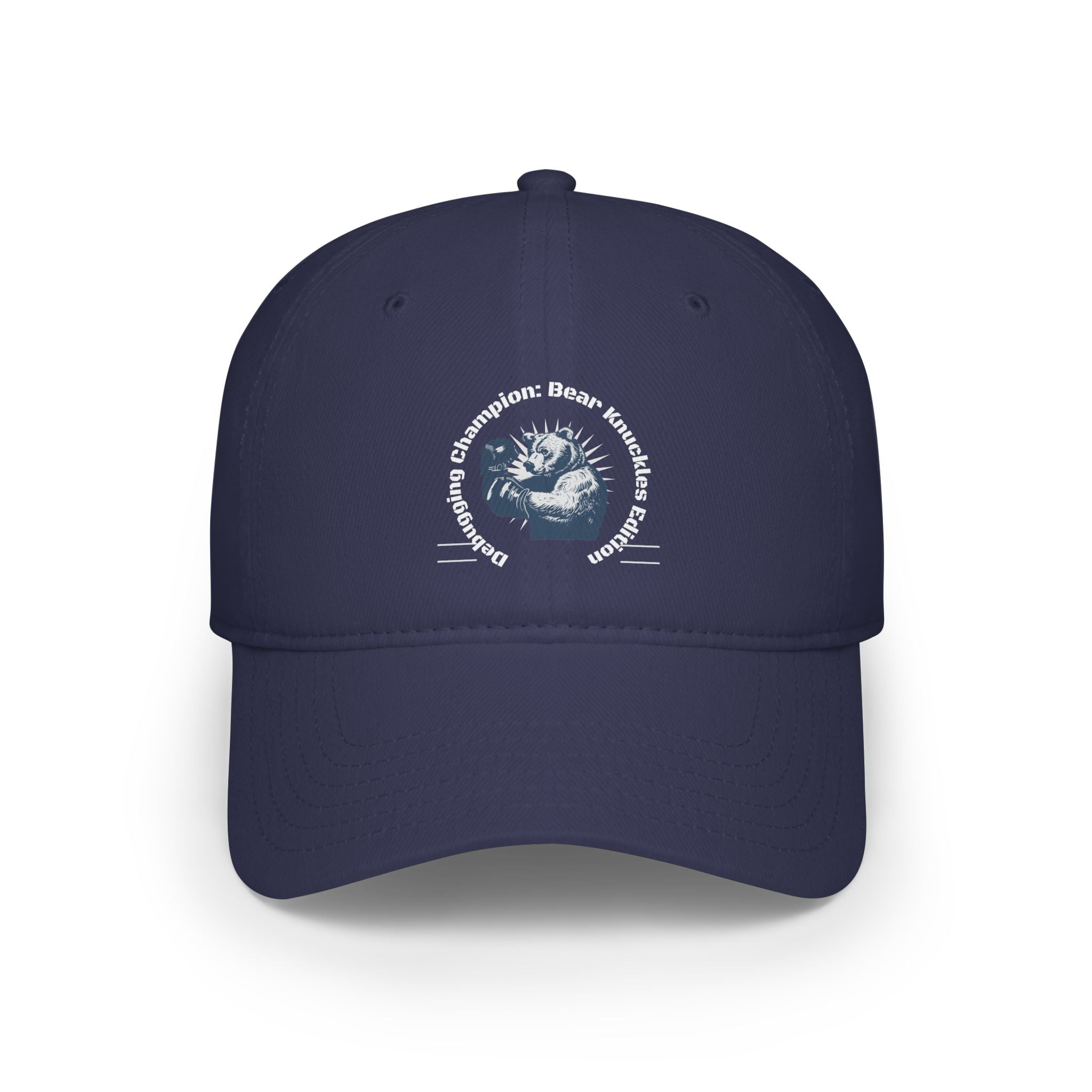 Navy blue baseball cap featuring reinforced stitching, a circular emblem with a bear, and the text "Debugging Champion - Bear Druid Peace Execution." Perfect for showcasing your coder prowess.