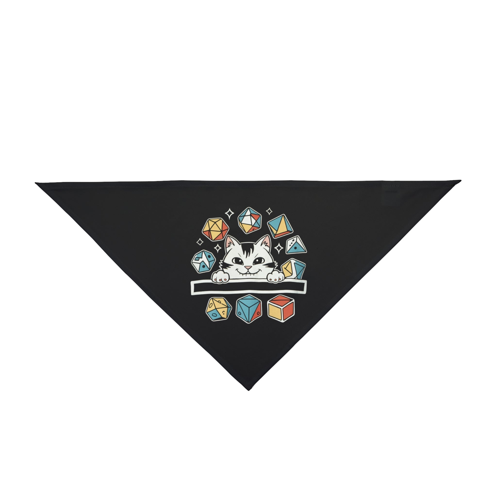 The Cat Dice - Pet Bandana is a triangular black accessory made of soft-spun polyester, featuring a playful cat peeking over a ledge amidst vibrant geometric shapes.