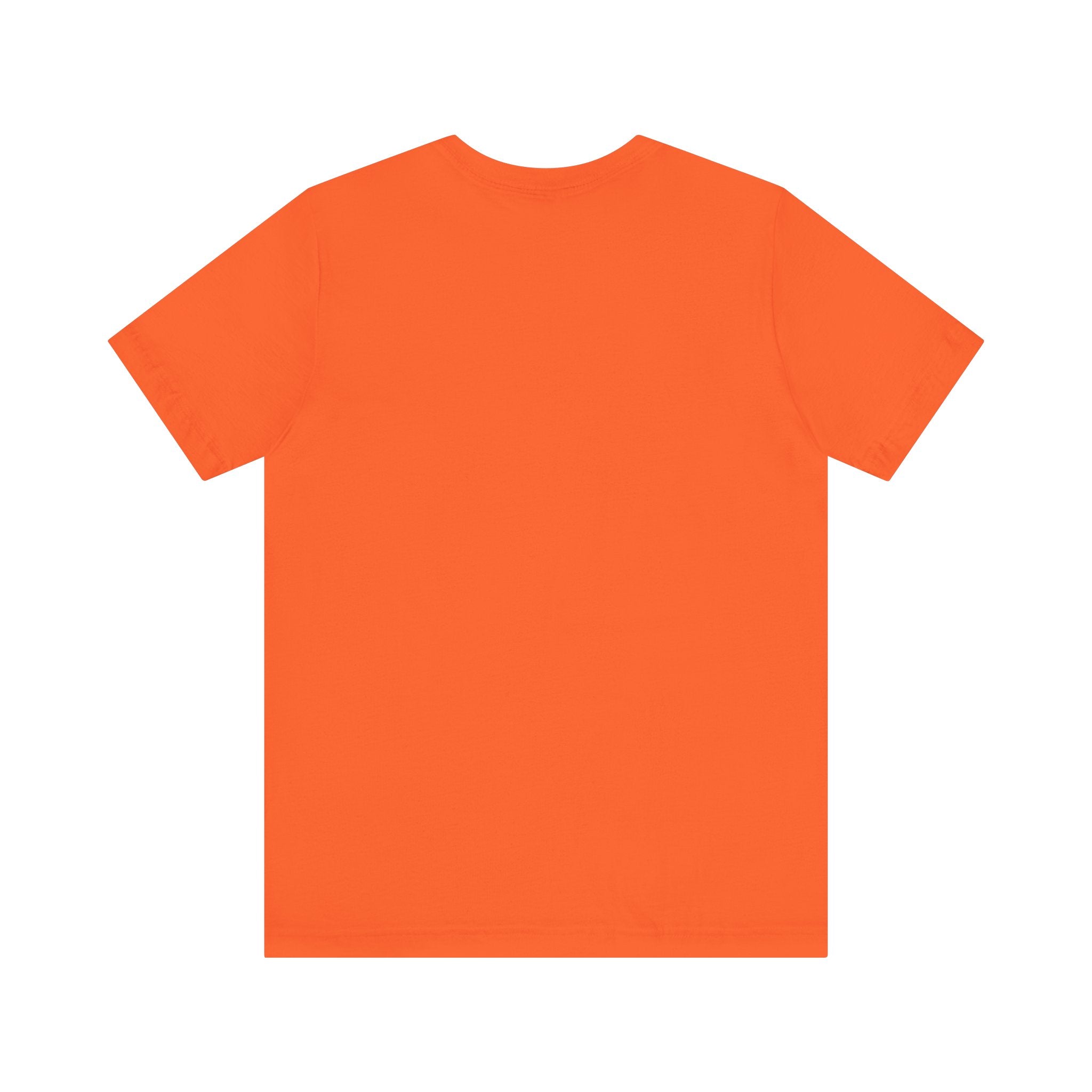 Plain orange short-sleeve t-shirt laid flat, back side visible on a white backgroundāāI Automated My Job But Still Show Up for the Meetingsā is the ideal funny programmer tee for fans of subtle tech humor.