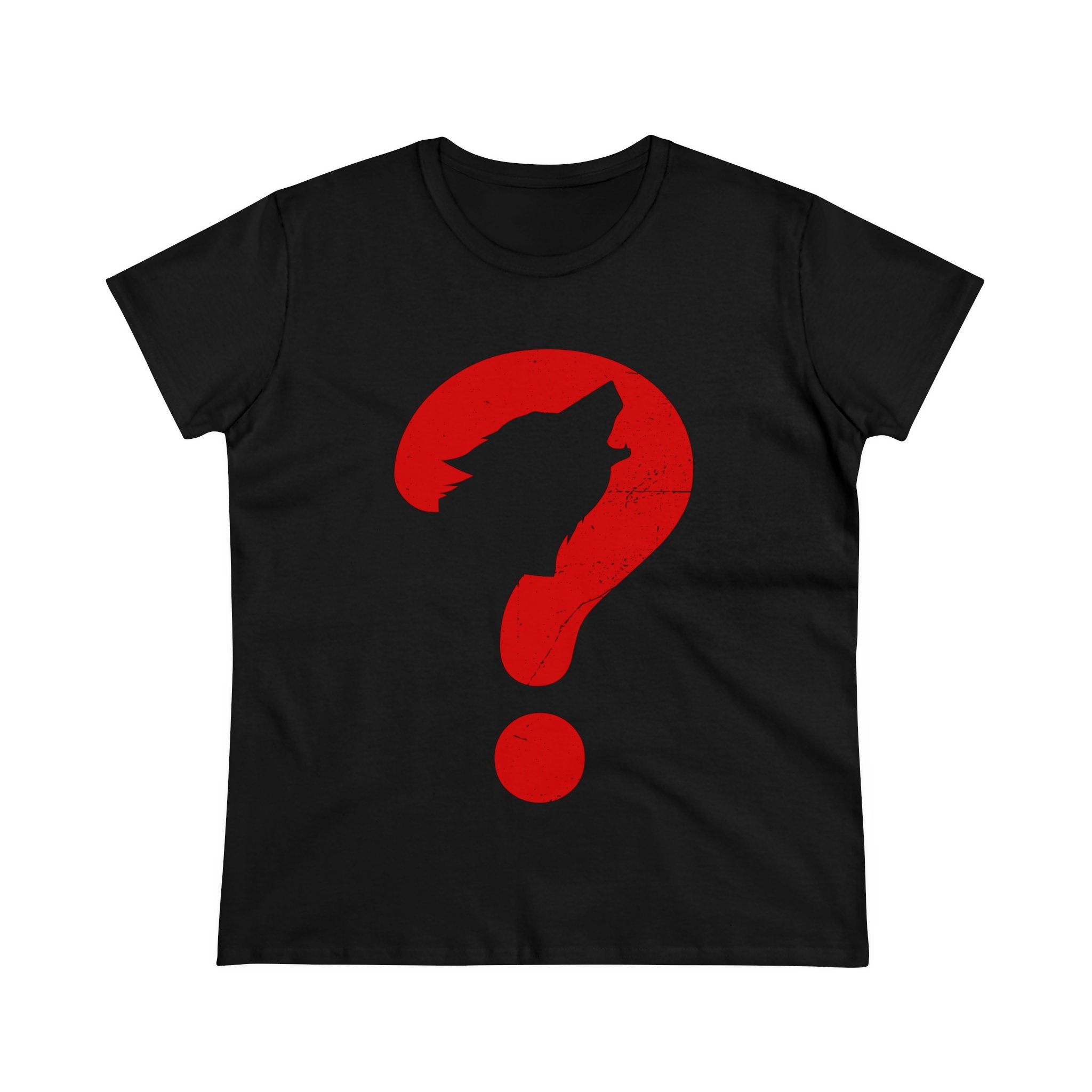Wolf - Women's Tee: Black t-shirt featuring a red question mark with a howling wolf silhouette integrated into the curve, centered on the front. Ideal for those who embrace their wild side with style and nerd culture flair.