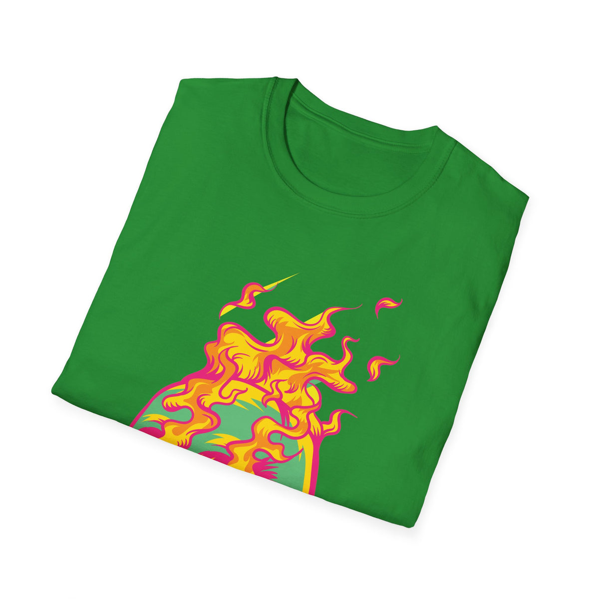 'Skull in Flames' psychedelic flame print folded on green t-shirt, funny gothic pop art gift
