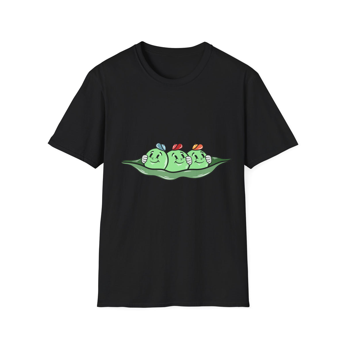 Pees Cartoon t-shirt in black, flat lay front print, funny cute peas in a pod graphic tee