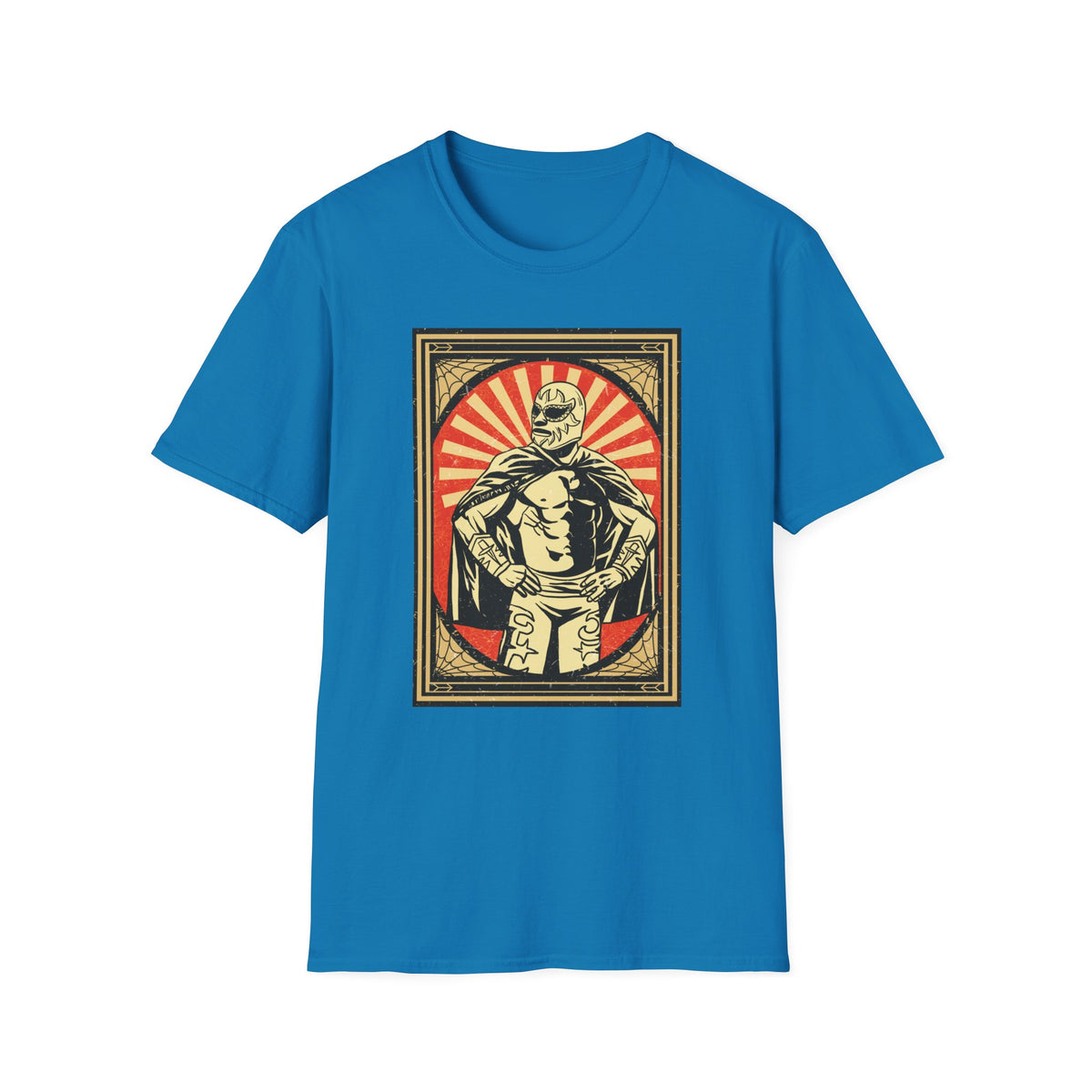 'Mexican Wrestler' retro poster t-shirt in sapphire blue, flat lay front print visible, funny lucha libre gift