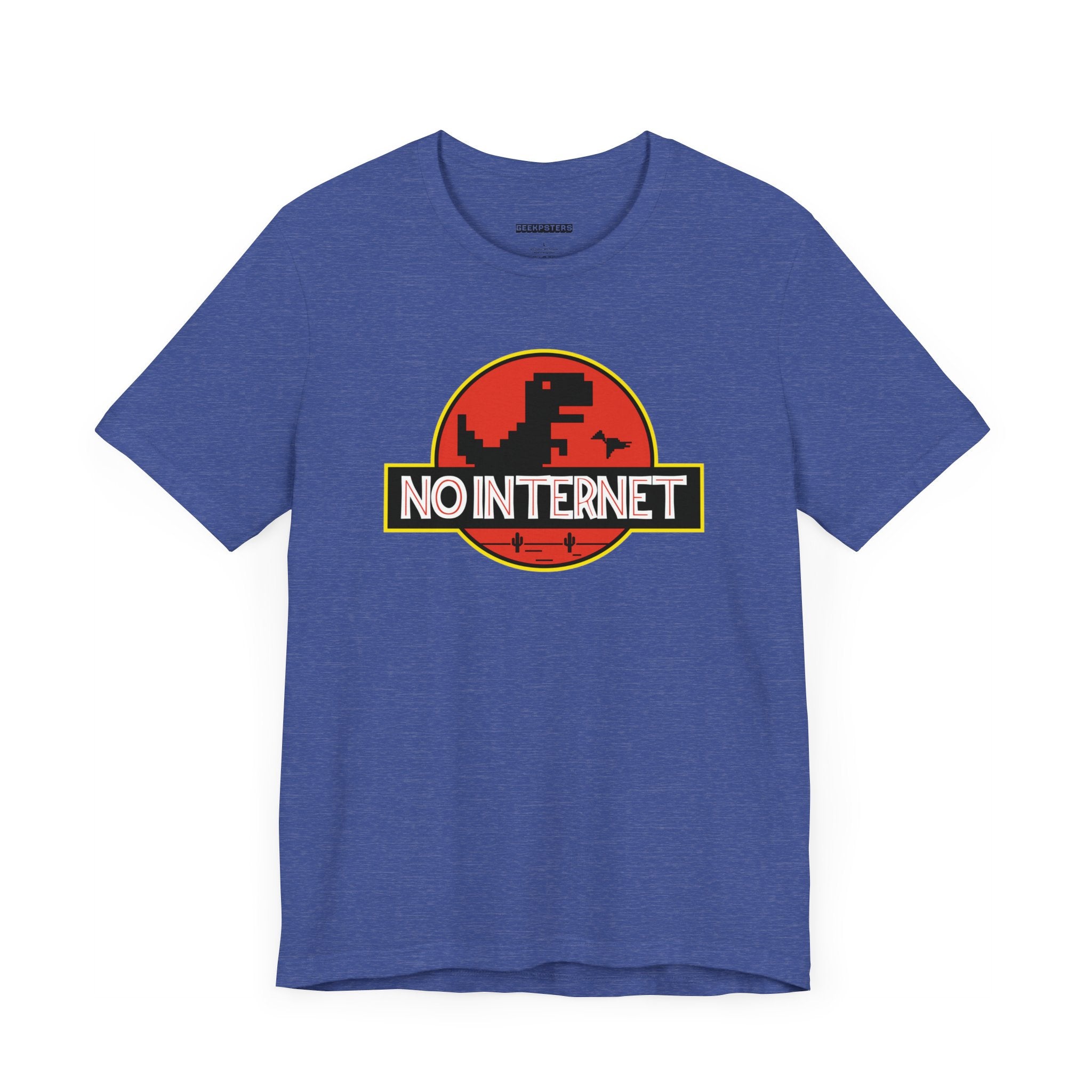 The "No Internet T-Shirt" showcases a dinosaur design styled like an iconic movie graphic, symbolizing digital independence—ideal for tech enthusiasts.