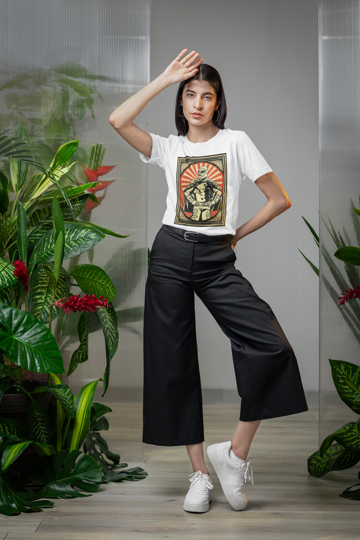 'Mexican Wrestler' t-shirt in white, woman wearing it among plants, funny lucha libre gift for her