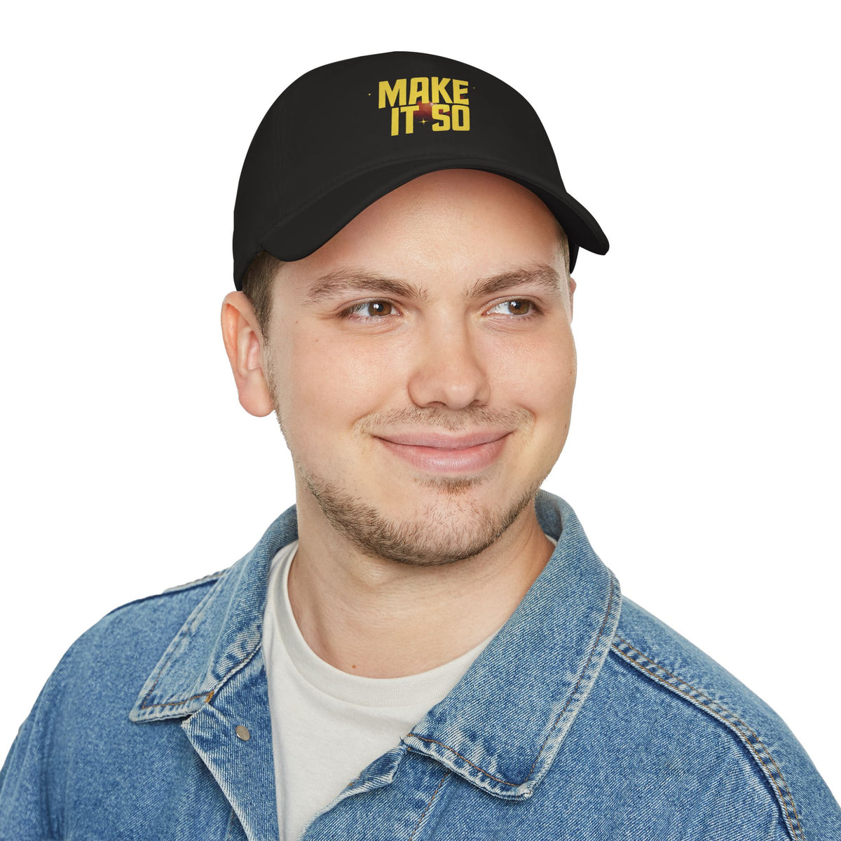 'Make It So' dad hat in black, smiling man wearing it with denim jacket, sci-fi fan gift