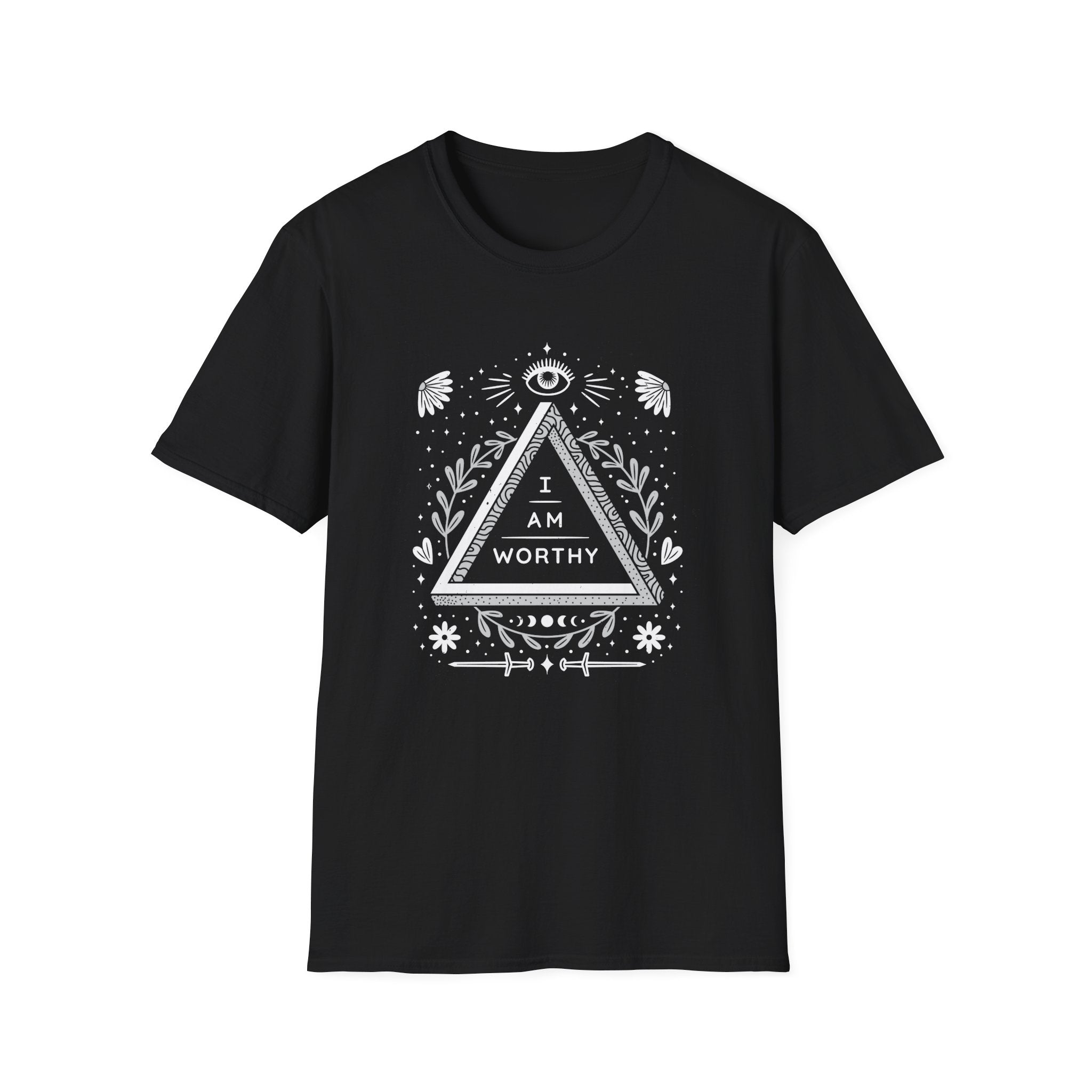 The I Am Worthy T-Shirt is made from ultra-soft cotton, showcasing a black background with a bold white triangular design centrally placed. It proudly displays the phrase "I am worthy," surrounded by graceful decorative features that inspire confidence.
