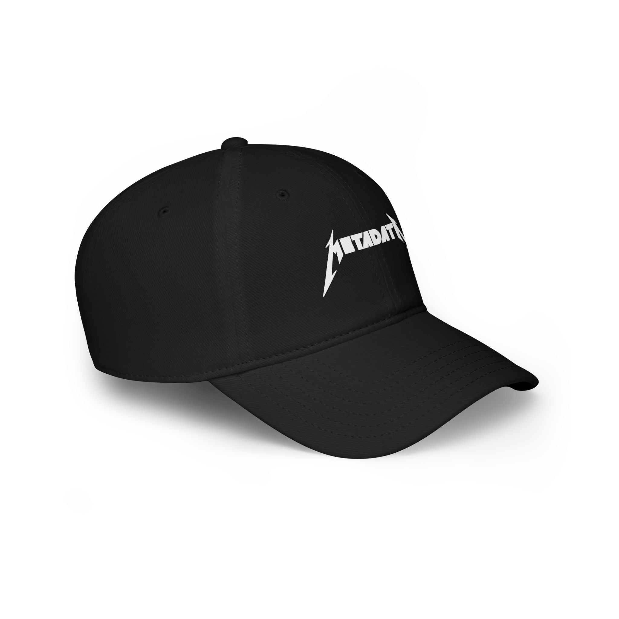 The Metadata - Hat is a black baseball cap made from silky fabric, adorned with a white, stylized text logo on the front and featuring reinforced stitching to enhance durability.