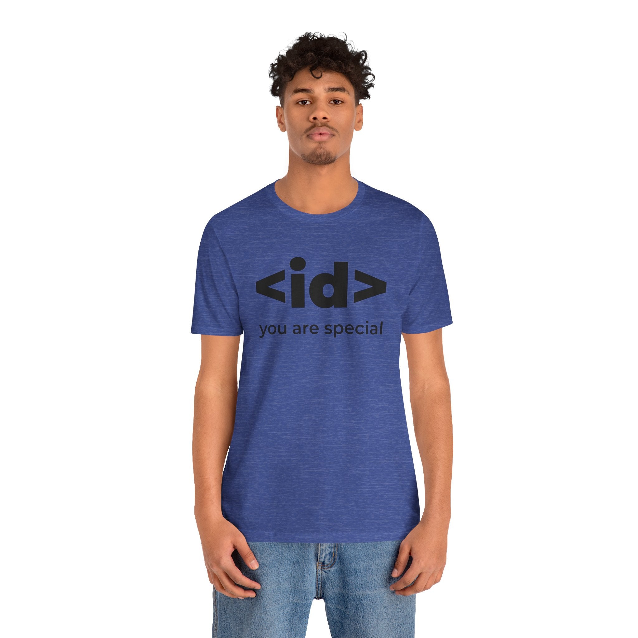 A person confidently stands against a plain white background while wearing the blue "You Are Special T-Shirt," featuring the phrase "I Was Born Genius, you are special.