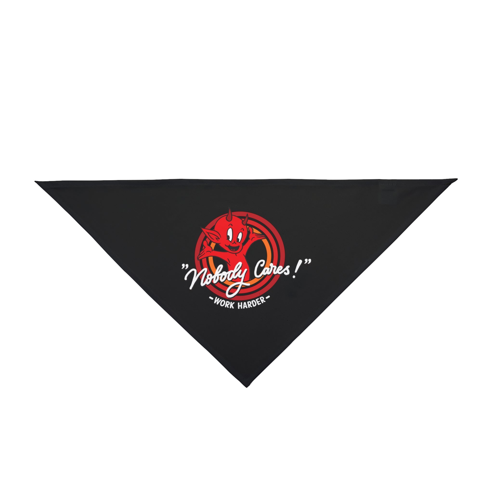 The Nobody Cares - Pet Bandana is a black triangular bandana featuring a red cartoon devil and “Nobody Cares! Work Harder” in white—ideal for pets of nerd culture fans or anyone who loves a geek-chic, edgy accessory.