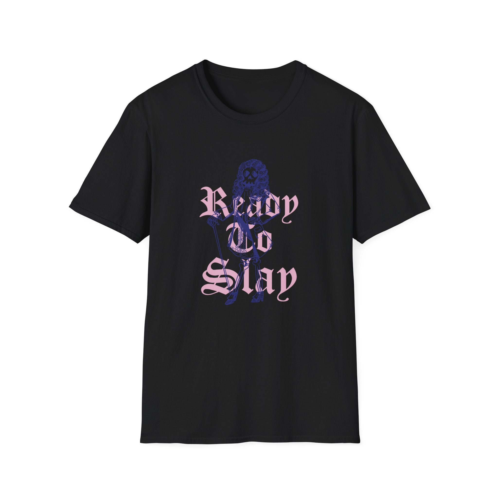 Check out the Ready to Slay T-Shirt! This essential black cotton blend tee showcases “Ready To Slay” in pink Gothic font and a subtle blue lion illustration.