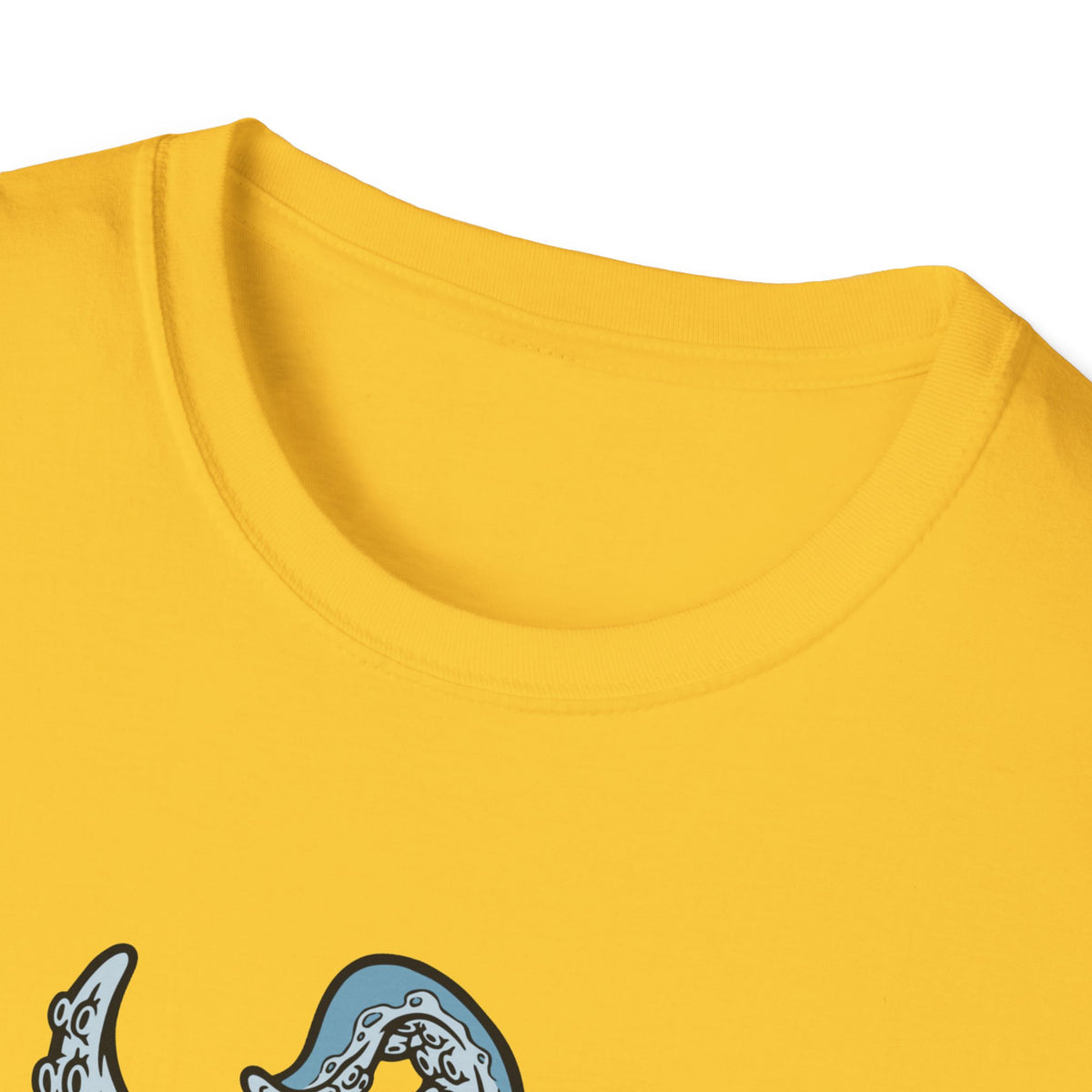 'Octopus Comes Out of the Bag' t-shirt in daisy yellow, close-up of neckline and print, hiking gift