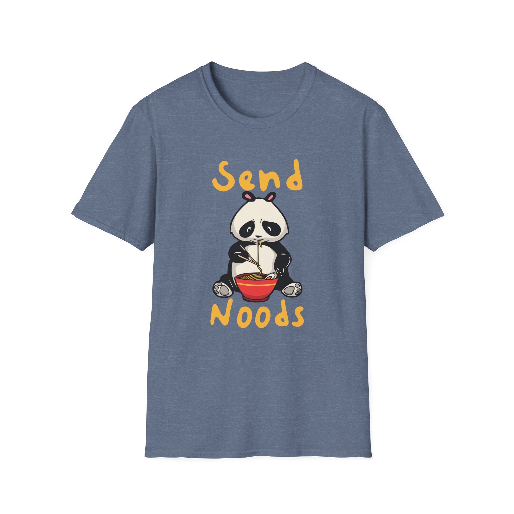 This trendy blue Send Noods T-Shirt features a cartoon panda joyfully enjoying noodles, accompanied by the humorous phrase "Send Noods.
