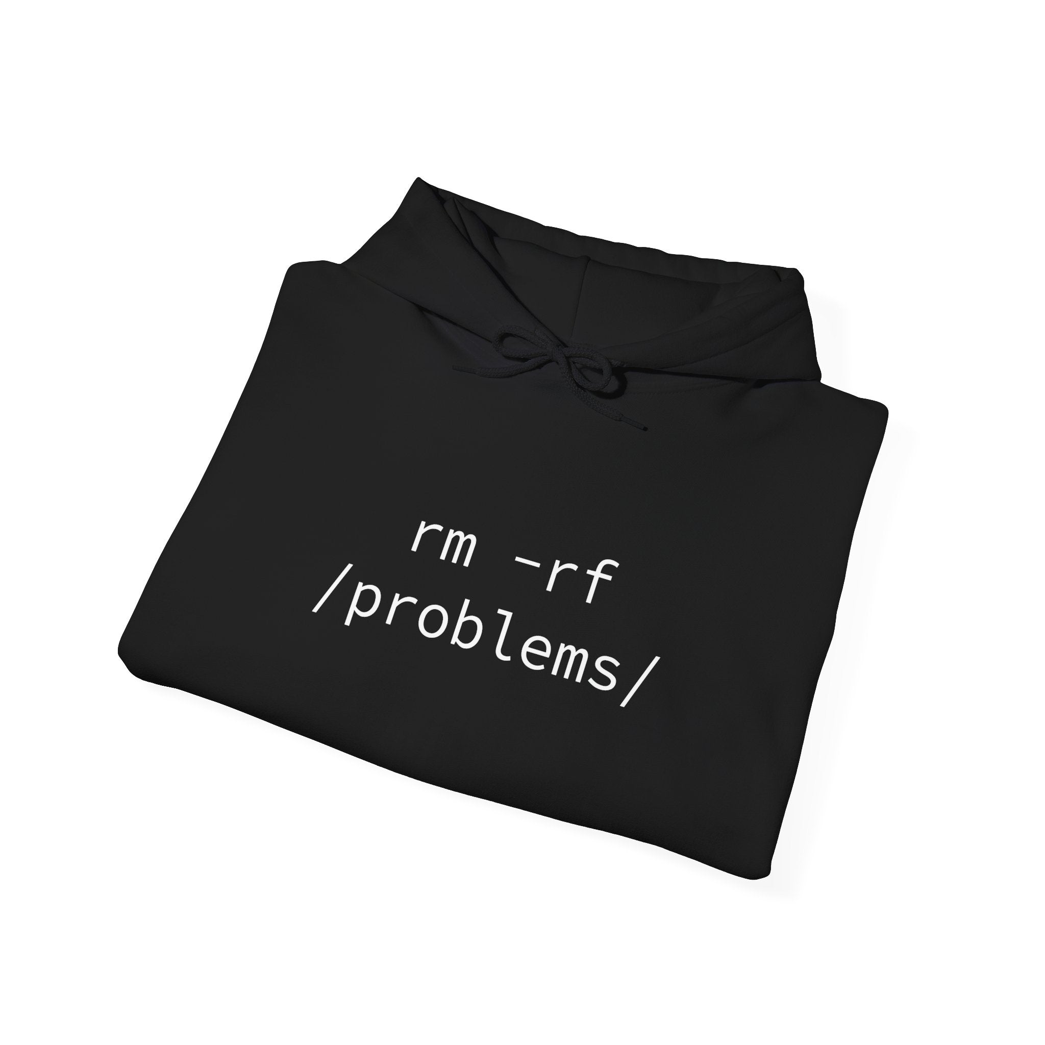 Black hooded sweatshirt in a classic fit, featuring the bold white text "RMRF Problems - rm -rf /problems/" on the front.